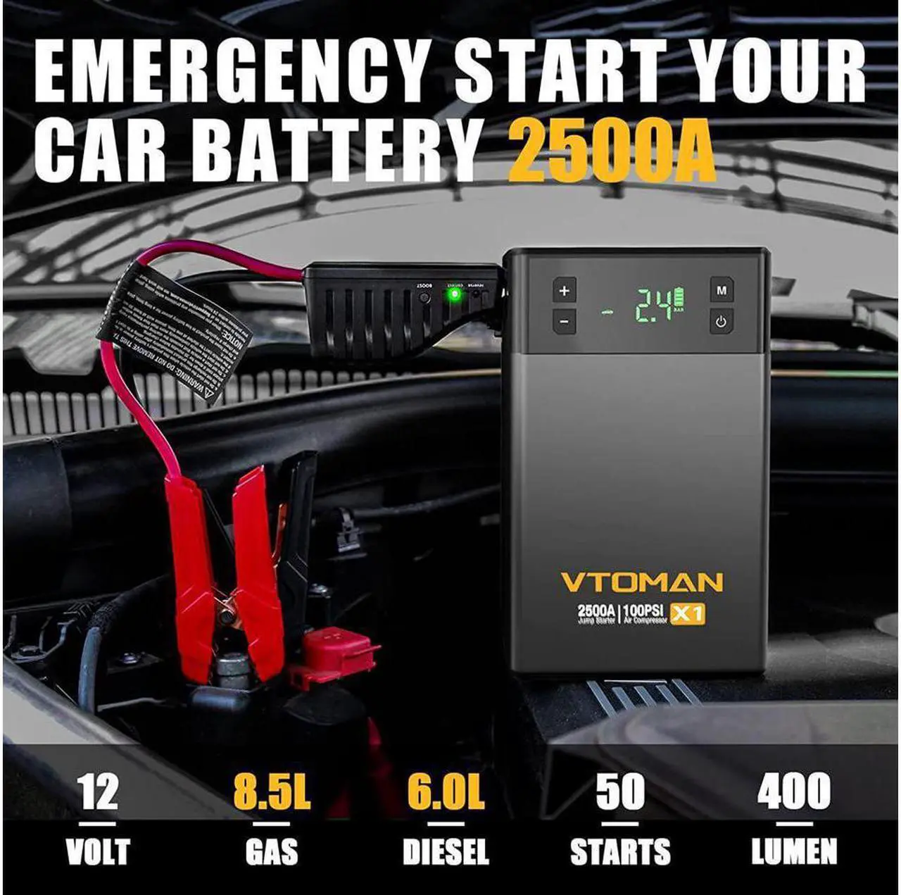 Alt view image 2 of 7 - VTOMAN X1 Car Jump Starter with Air Compressor, 2500A Battery Starter with 100PSI Digital Tire Inflator, 12V Lithium Jump Box, LIFEBMS Car Battery Booster for 8.5L Gas or 6.0L Diesel Engines