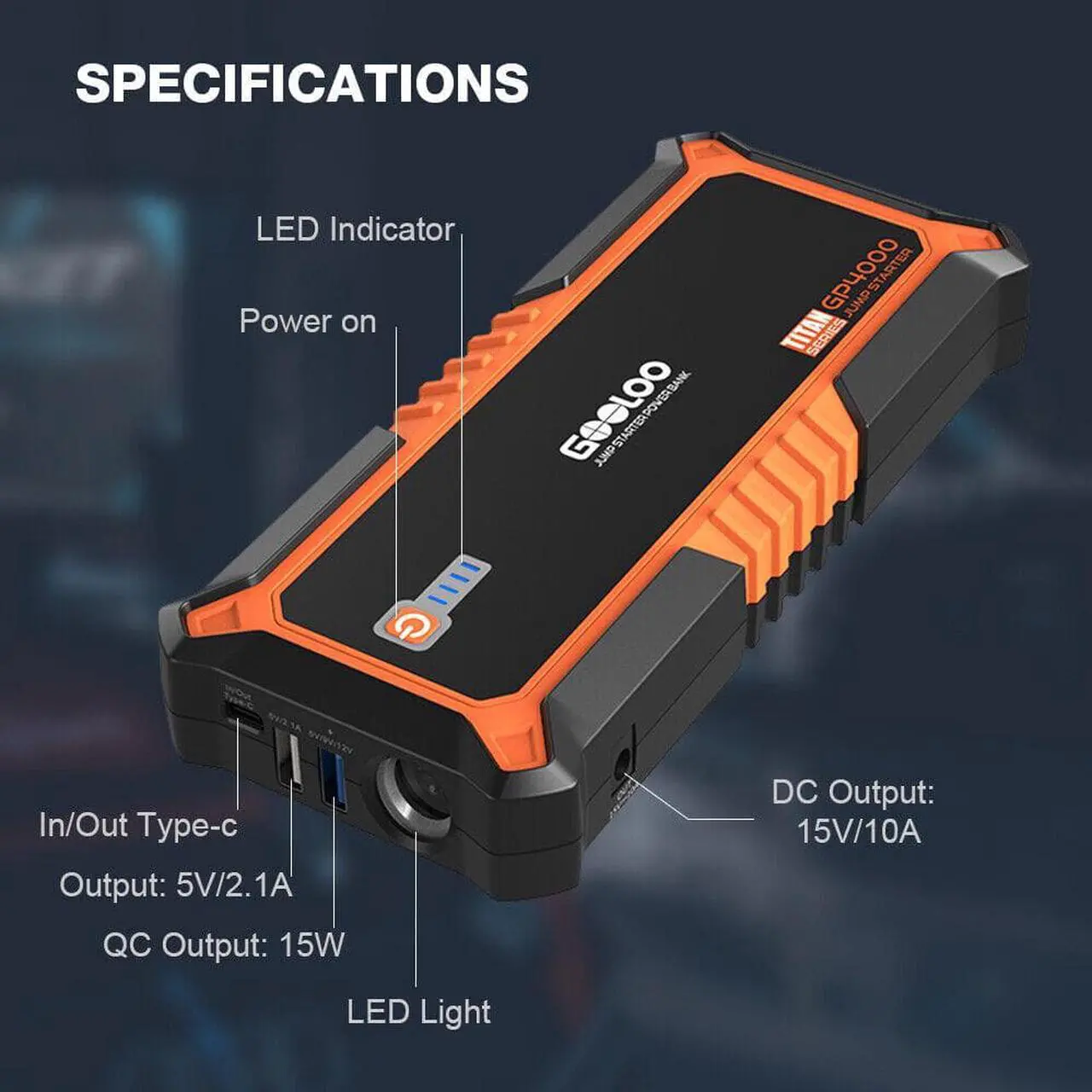 Alt view image 5 of 7 - GOOLOO GP4000 4000A Peak Jump Starter 12V trickle  USB Quick Charge and Type C Port 24000mAh Portable Power Bank for All Gas/up to 10.0L Diesel Engine with EVA Protection Case