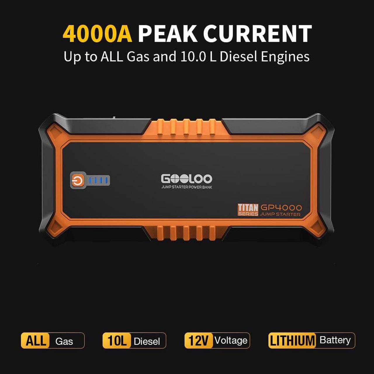 Alt view image 2 of 7 - GOOLOO GP4000 4000A Peak Jump Starter 12V trickle  USB Quick Charge and Type C Port 24000mAh Portable Power Bank for All Gas/up to 10.0L Diesel Engine with EVA Protection Case