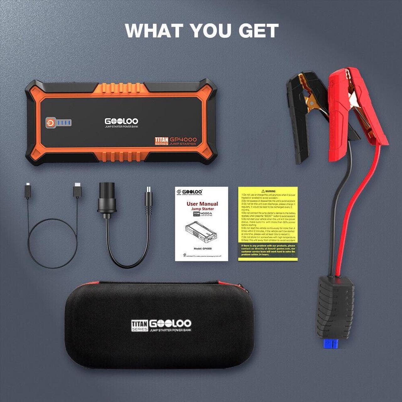 Alt view image 7 of 7 - GOOLOO GP4000 4000A Peak Jump Starter 12V trickle  USB Quick Charge and Type C Port 24000mAh Portable Power Bank for All Gas/up to 10.0L Diesel Engine with EVA Protection Case