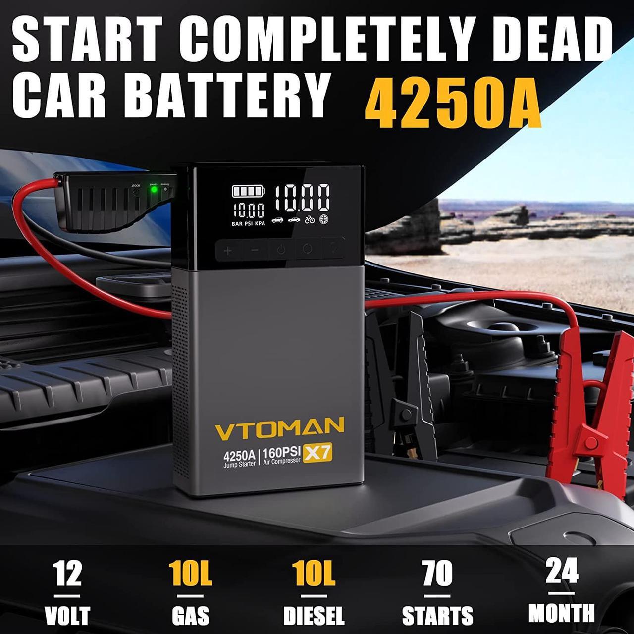 Alt view image 2 of 7 - VTOMAN X7 4250A Jump Starter with Air Compressor, Car Starter with 160PSI Digital Tire Inflator,99.2Wh 12V Lithium Battery Charger Booster Box with Type-C Quick Charge for Up 10L Gas/10L Diesel Engine