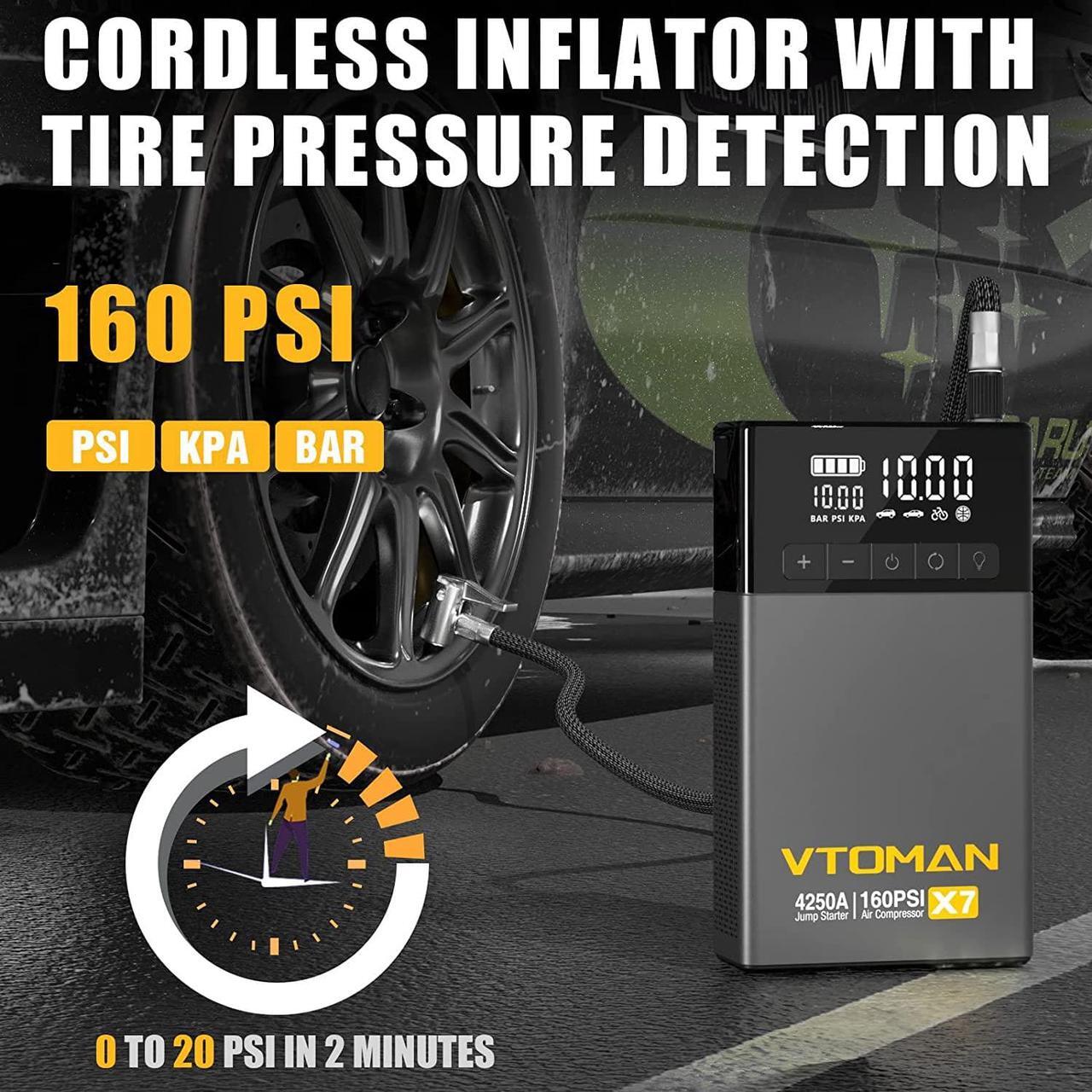 Alt view image 3 of 7 - VTOMAN X7 4250A Jump Starter with Air Compressor, Car Starter with 160PSI Digital Tire Inflator,99.2Wh 12V Lithium Battery Charger Booster Box with Type-C Quick Charge for Up 10L Gas/10L Diesel Engine