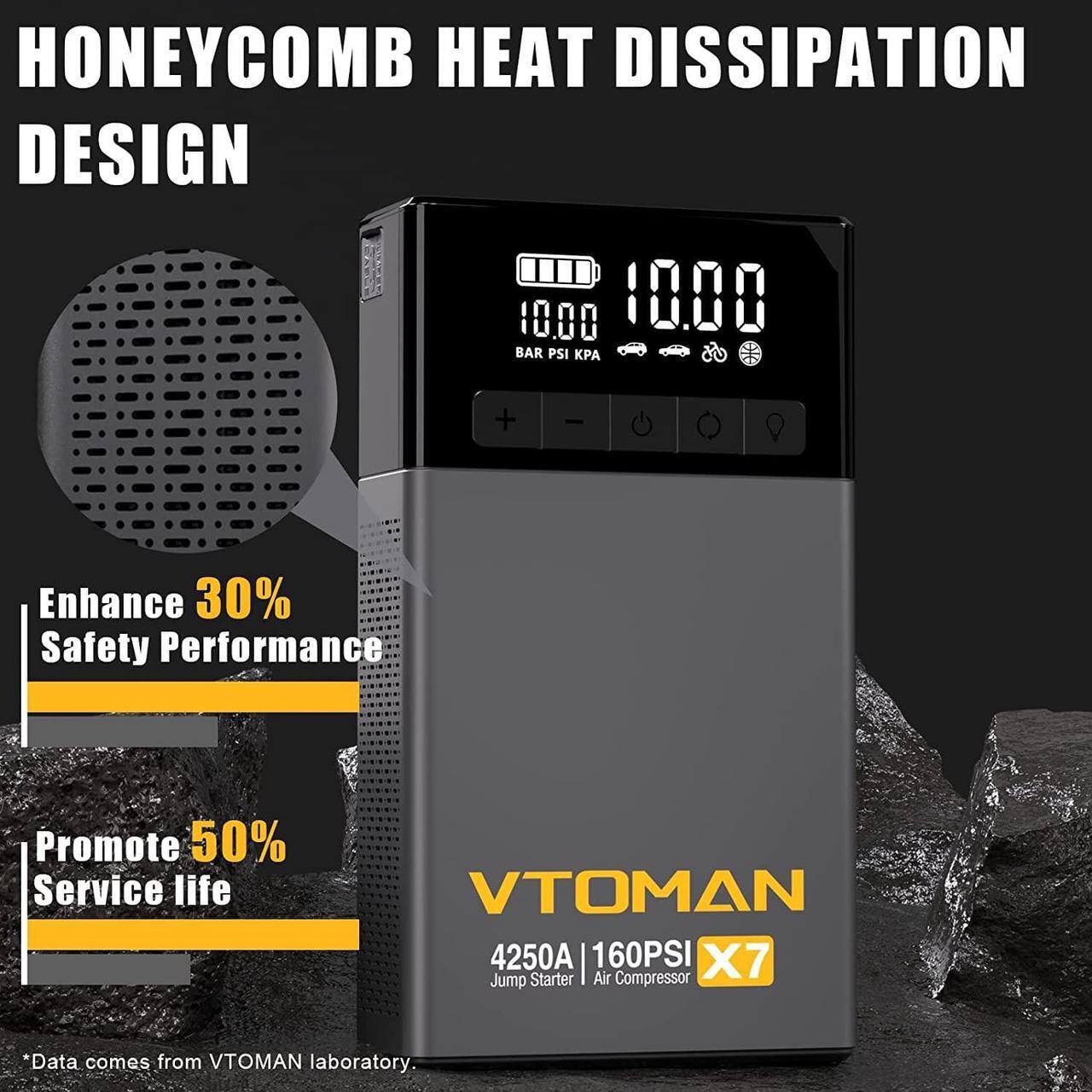 Alt view image 6 of 7 - VTOMAN X7 4250A Jump Starter with Air Compressor, Car Starter with 160PSI Digital Tire Inflator,99.2Wh 12V Lithium Battery Charger Booster Box with Type-C Quick Charge for Up 10L Gas/10L Diesel Engine