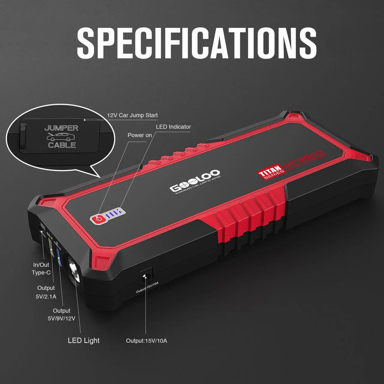 Alt view image 6 of 7 - GOOLOO Upgraded GP3000 Jump Starter 3000A Peak Car Starter (Up to 9L Gas or 7L Diesel Engine) 12V Jump Box Auto Lithium Battery Booster SuperSafe Portable Power Pack with USB Quick Charge, Type-C Port