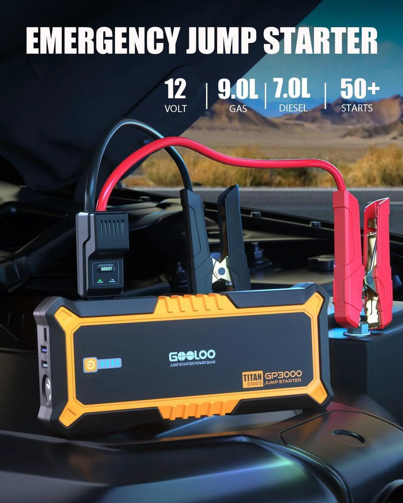 Alt view image 2 of 6 - GOOLOO GP3000 3000A Jump Starter,12V Car Battery Jump Starter for up to 9.0L Gas Engines & 7.0L Diesel, Supersafe Lithium Jump Box Battery Booster Pack, Auto Battery Starter with USB Quick Charge