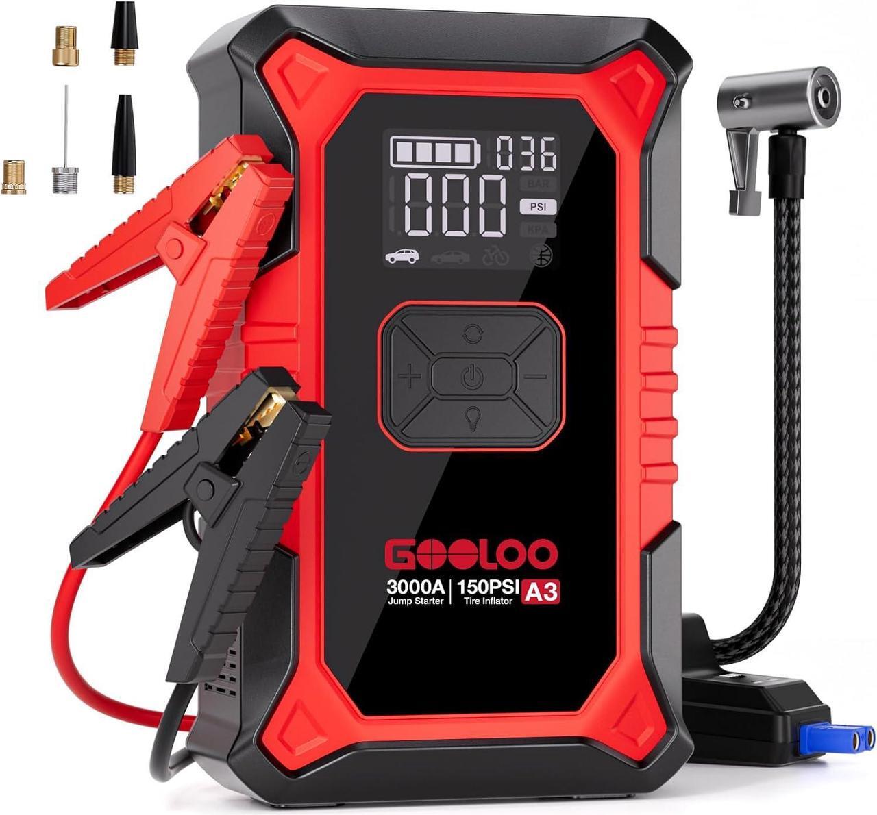 Main image of GOOLOO A3 Jump Starter with Air Compressor, 3000A Portable Car Battery Booster (9.0 Gas/6.5L Diesel) with 150PSI Auto-Shutoff Tire Inflator, 12V Supersafe Lithium Jump Box Car Battery Jumper Starter