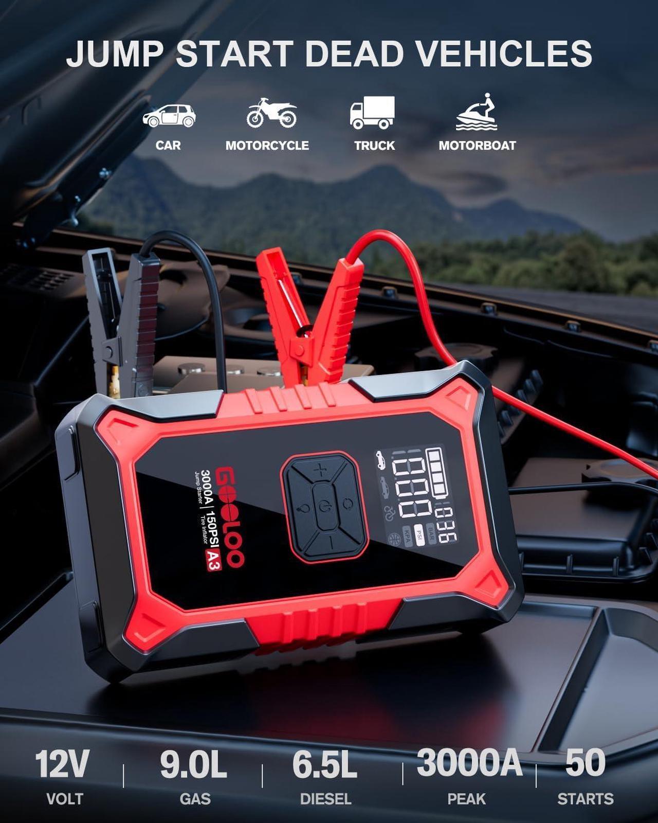 Alt view image 5 of 7 - GOOLOO A3 Jump Starter with Air Compressor, 3000A Portable Car Battery Booster (9.0 Gas/6.5L Diesel) with 150PSI Auto-Shutoff Tire Inflator, 12V Supersafe Lithium Jump Box Car Battery Jumper Starter