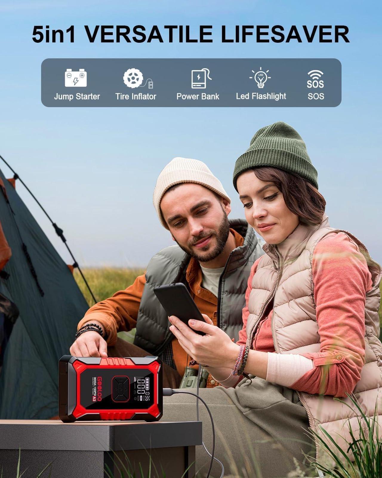 Alt view image 3 of 7 - GOOLOO A3 Jump Starter with Air Compressor, 3000A Portable Car Battery Booster (9.0 Gas/6.5L Diesel) with 150PSI Auto-Shutoff Tire Inflator, 12V Supersafe Lithium Jump Box Car Battery Jumper Starter