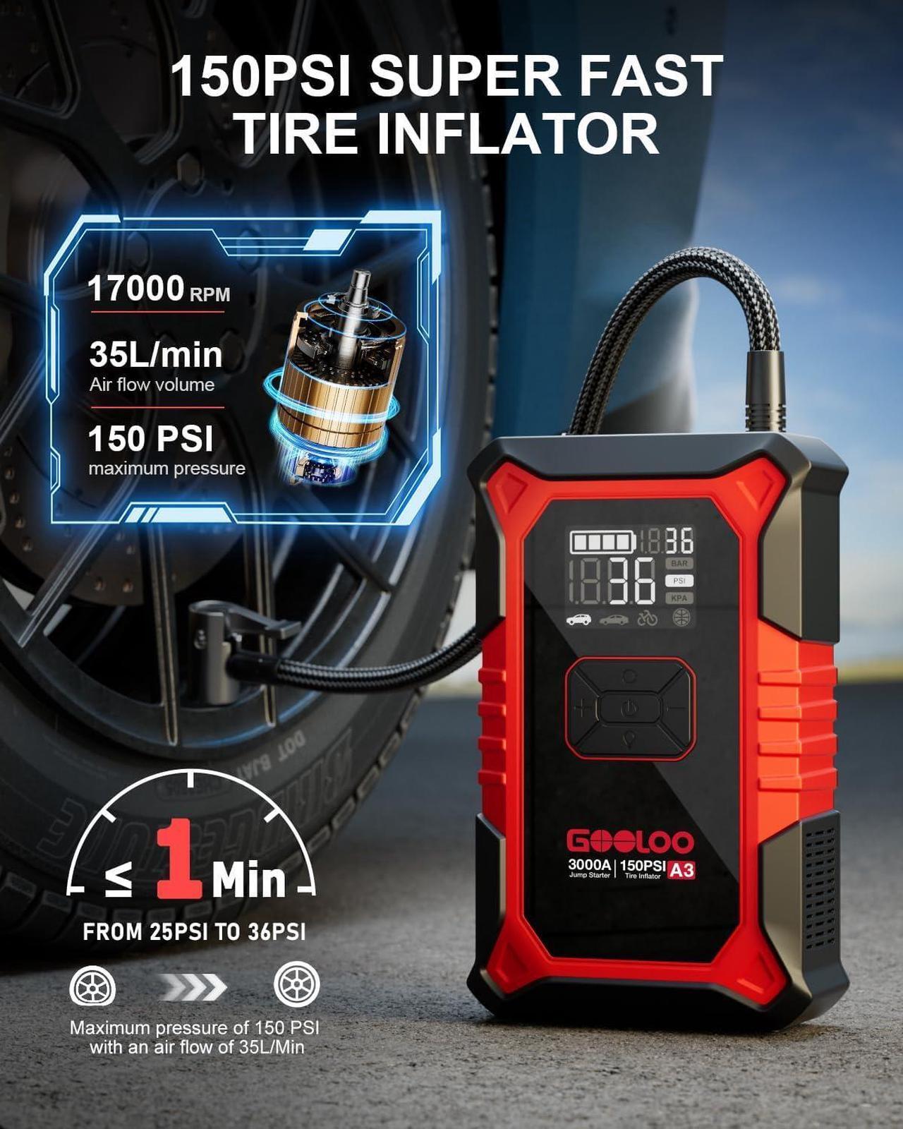 Alt view image 7 of 7 - GOOLOO A3 Jump Starter with Air Compressor, 3000A Portable Car Battery Booster (9.0 Gas/6.5L Diesel) with 150PSI Auto-Shutoff Tire Inflator, 12V Supersafe Lithium Jump Box Car Battery Jumper Starter