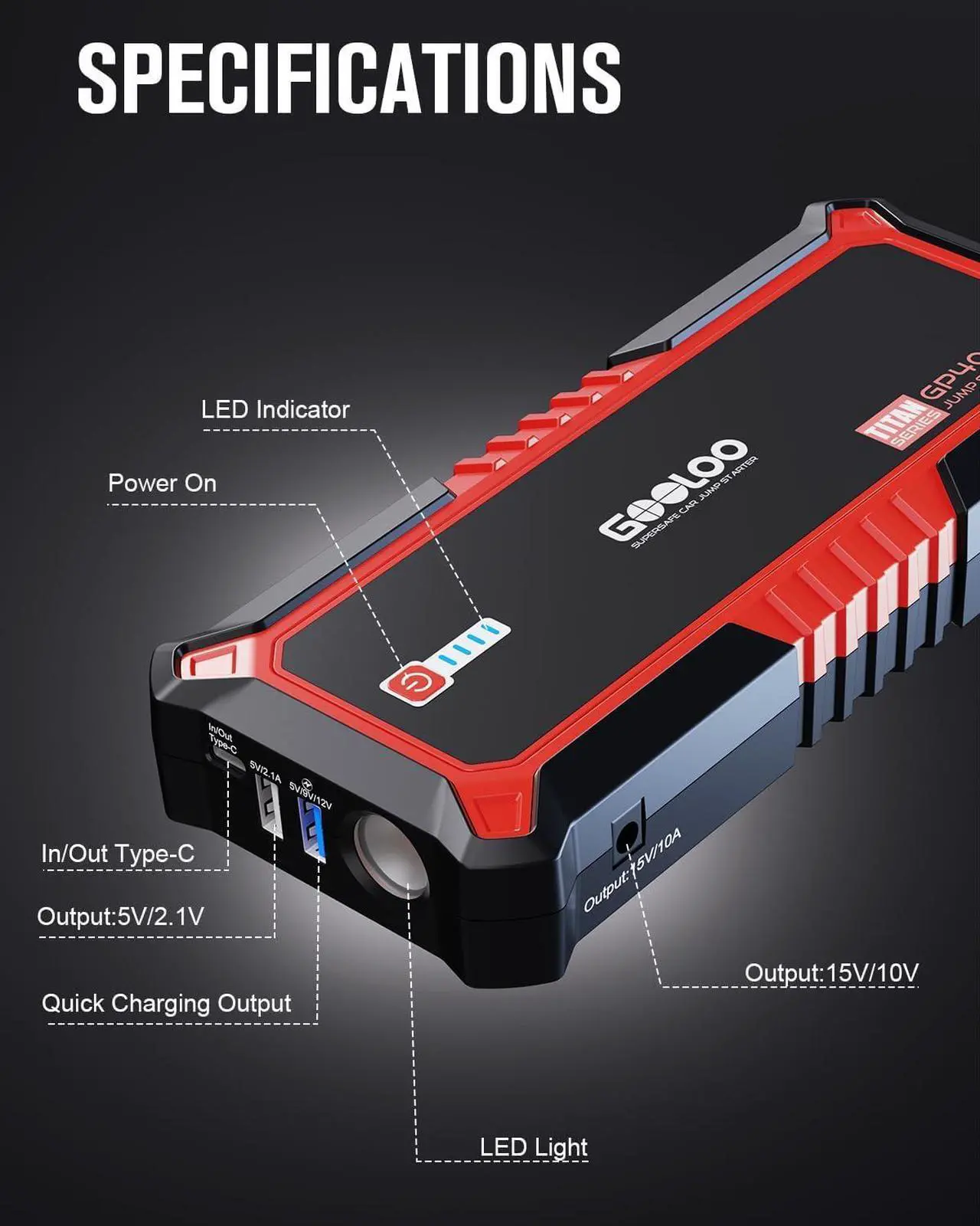 Alt view image 6 of 7 - GOOLOO GP4000 4000A Peak Car Battery Jump Starter, Portable Battery Booster for Up to All Gas or 10L Diesel Engine, SuperSafe 12V Lithium Jump Box Power Pack with Jumper Cable,Red