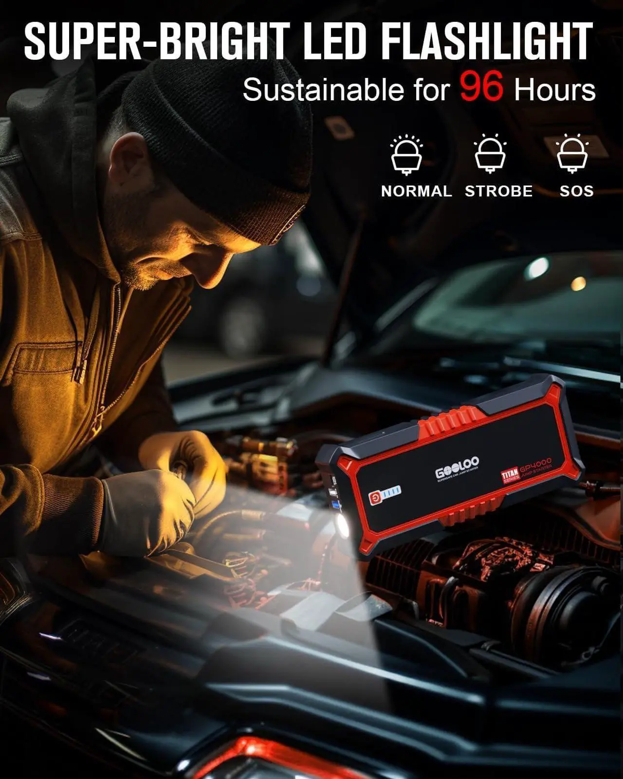 Alt view image 4 of 7 - GOOLOO GP4000 4000A Peak Car Battery Jump Starter, Portable Battery Booster for Up to All Gas or 10L Diesel Engine, SuperSafe 12V Lithium Jump Box Power Pack with Jumper Cable,Red