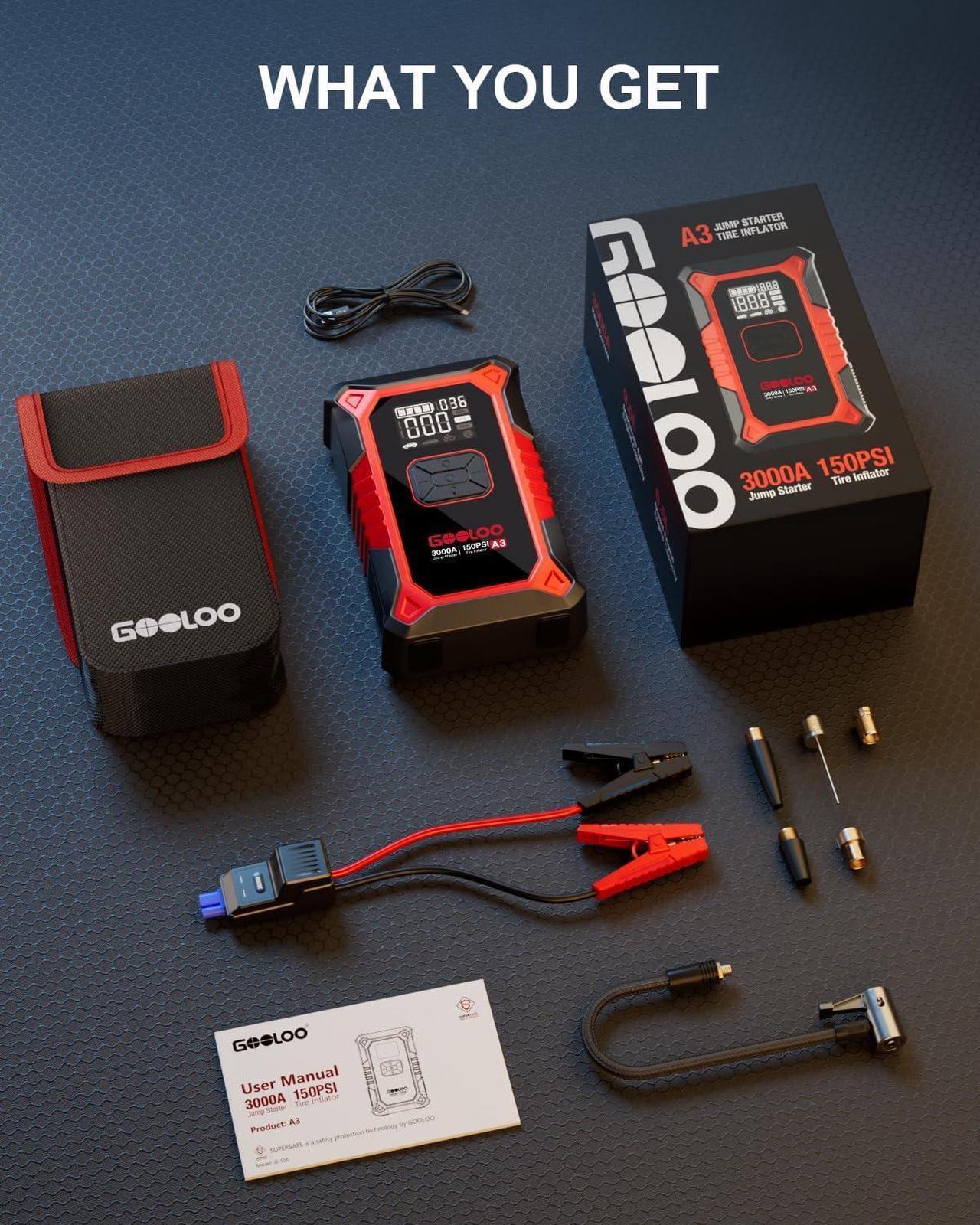 Alt view image 7 of 7 - GOOLOO A3 Jump Starter with Air Compressor, 3000A Portable Car Battery Booster (9.0 Gas/6.5L Diesel) with 150PSI Auto-Shutoff Tire Inflator, 12V Lithium Jump Box Car Battery Jumper Starter