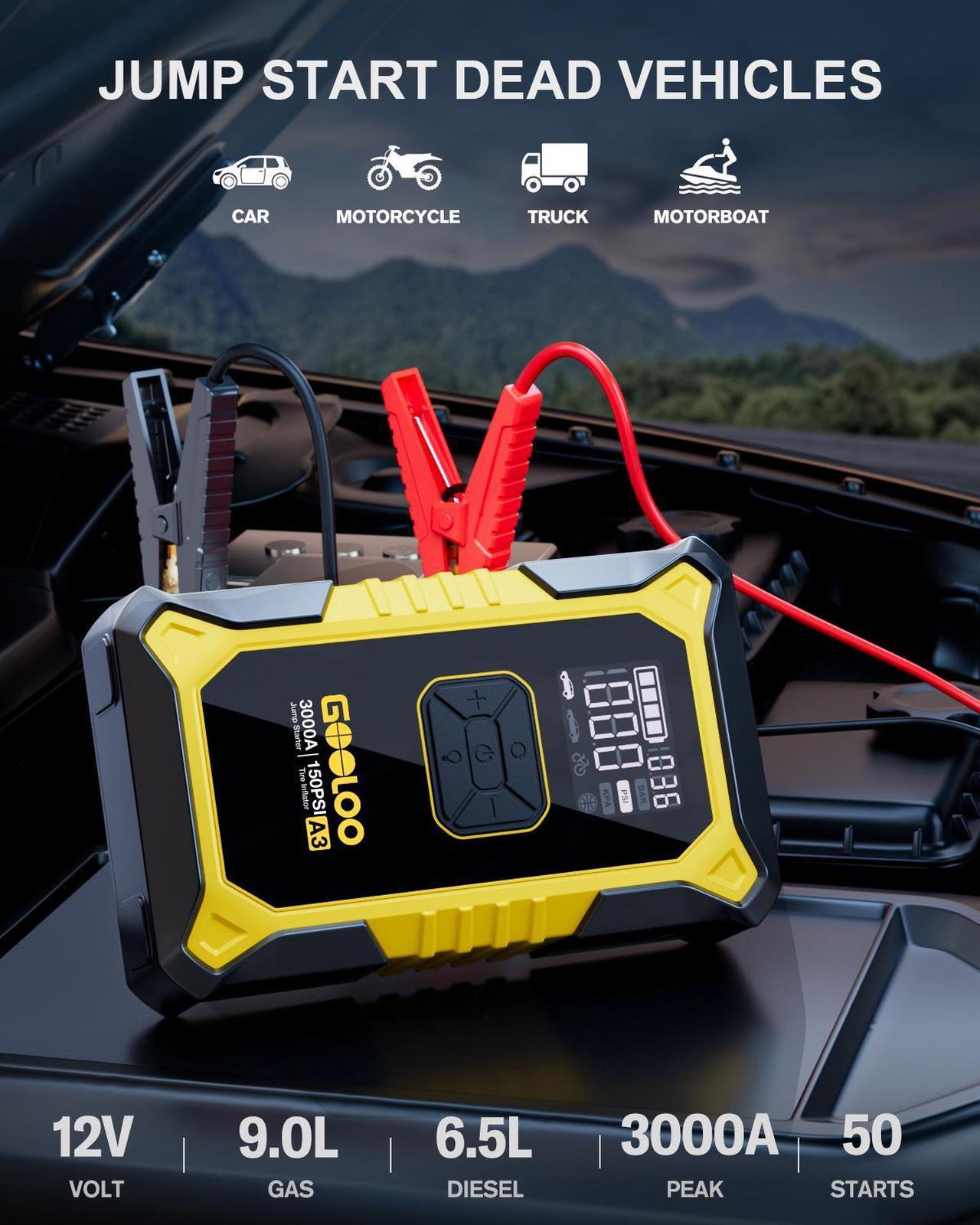 Alt view image 2 of 7 - GOOLOO A3 Jump Starter with Air Compressor, 3000A Portable Car Battery Jumper Starter (9.0 Gas/6.5L Diesel) with 150PSI Auto-Shutoff Tire Inflator, 12V Supersafe Lithium Jump Box Car Booster, Yellow