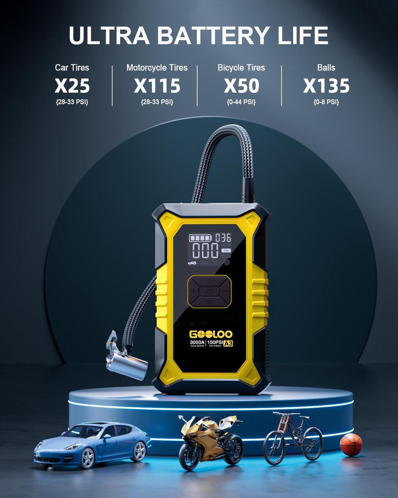 Alt view image 5 of 7 - GOOLOO A3 Jump Starter with Air Compressor, 3000A Portable Car Battery Jumper Starter (9.0 Gas/6.5L Diesel) with 150PSI Auto-Shutoff Tire Inflator, 12V Supersafe Lithium Jump Box Car Booster, Yellow