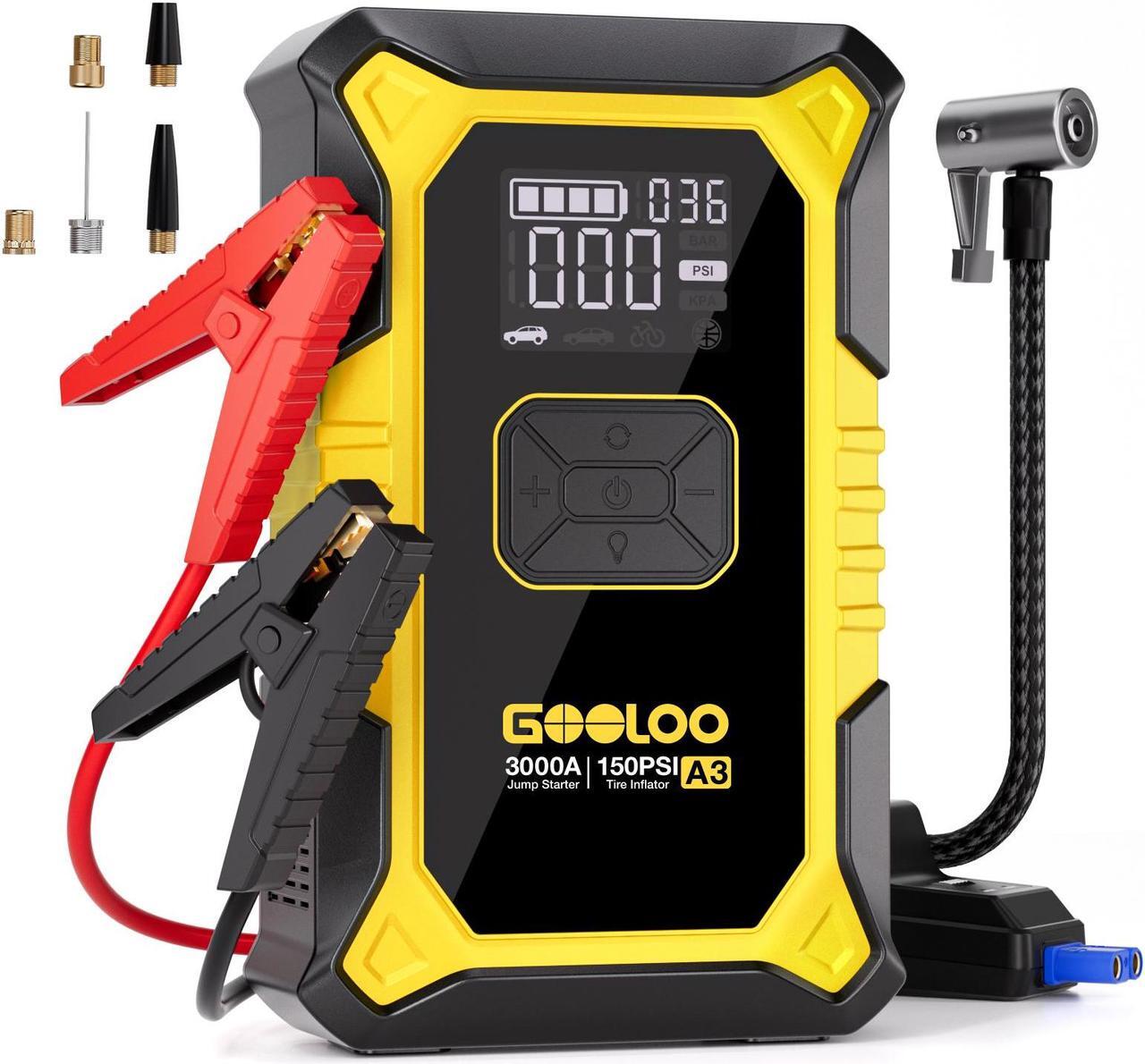 Main image of GOOLOO A3 Jump Starter with Air Compressor, 3000A Portable Car Battery Jumper Starter (9.0 Gas/6.5L Diesel) with 150PSI Auto-Shutoff Tire Inflator, 12V Supersafe Lithium Jump Box Car Booster, Yellow