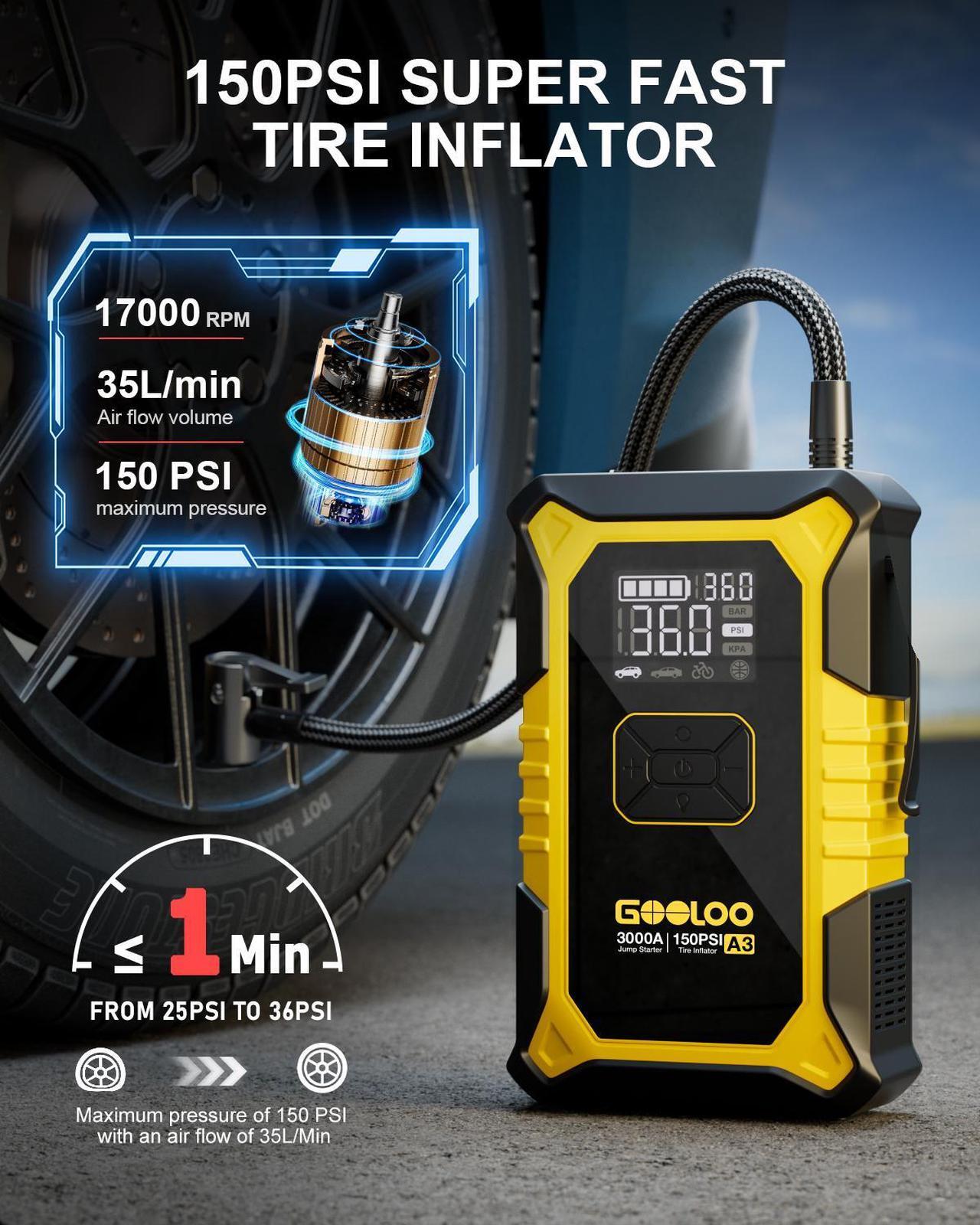 Alt view image 3 of 7 - GOOLOO A3 Jump Starter with Air Compressor, 3000A Portable Car Battery Jumper Starter (9.0 Gas/6.5L Diesel) with 150PSI Auto-Shutoff Tire Inflator, 12V Supersafe Lithium Jump Box Car Booster, Yellow