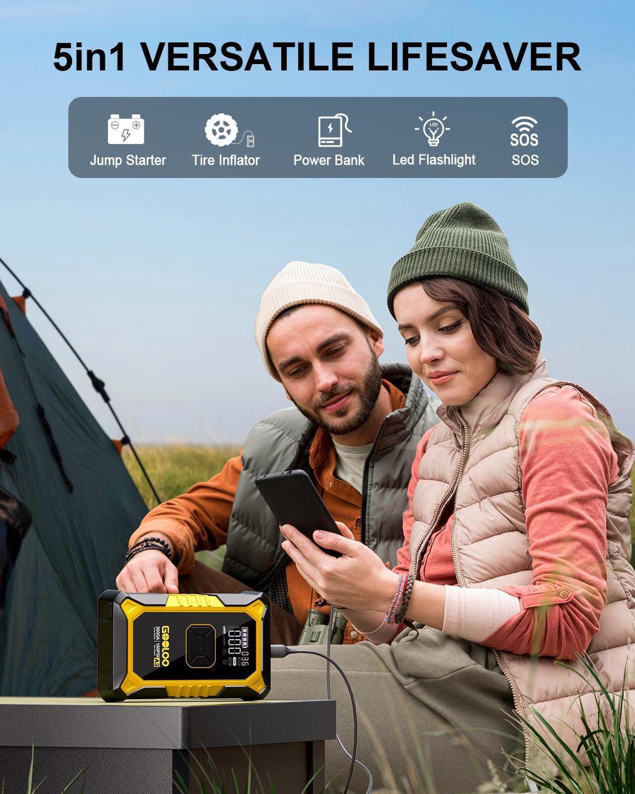Alt view image 4 of 7 - GOOLOO A3 Jump Starter with Air Compressor, 3000A Portable Car Battery Jumper Starter (9.0 Gas/6.5L Diesel) with 150PSI Auto-Shutoff Tire Inflator, 12V Supersafe Lithium Jump Box Car Booster, Yellow