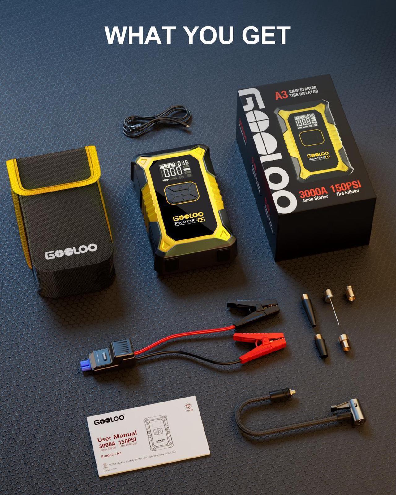 Alt view image 7 of 7 - GOOLOO A3 Jump Starter with Air Compressor, 3000A Portable Car Battery Jumper Starter (9.0 Gas/6.5L Diesel) with 150PSI Auto-Shutoff Tire Inflator, 12V Supersafe Lithium Jump Box Car Booster, Yellow