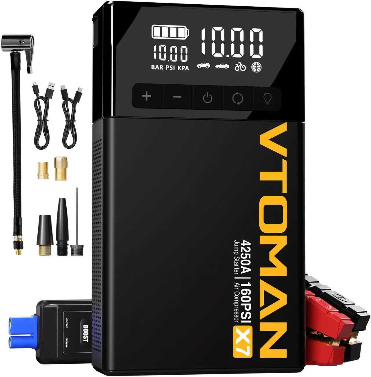 Main image of VTOMAN X7 Jump Starter with Air Compressor, 4250A Portable Car Jumper with 160PSI Digital Tire Inflator,12V Lithium Battery Charger Booster Box with Type-C Quick Charge (Up 10L Gas/10L Diesel Engine)