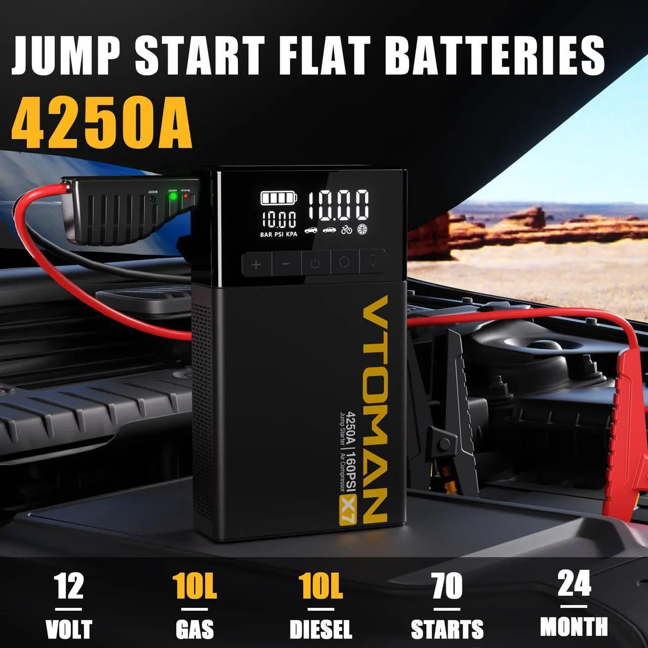 Alt view image 2 of 7 - VTOMAN X7 Jump Starter with Air Compressor, 4250A Portable Car Jumper with 160PSI Digital Tire Inflator,12V Lithium Battery Charger Booster Box with Type-C Quick Charge (Up 10L Gas/10L Diesel Engine)