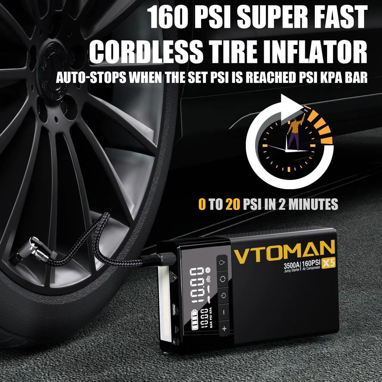 Alt view image 3 of 7 - VTOMAN X7 Jump Starter with Air Compressor, 4250A Portable Car Jumper with 160PSI Digital Tire Inflator,12V Lithium Battery Charger Booster Box with Type-C Quick Charge (Up 10L Gas/10L Diesel Engine)