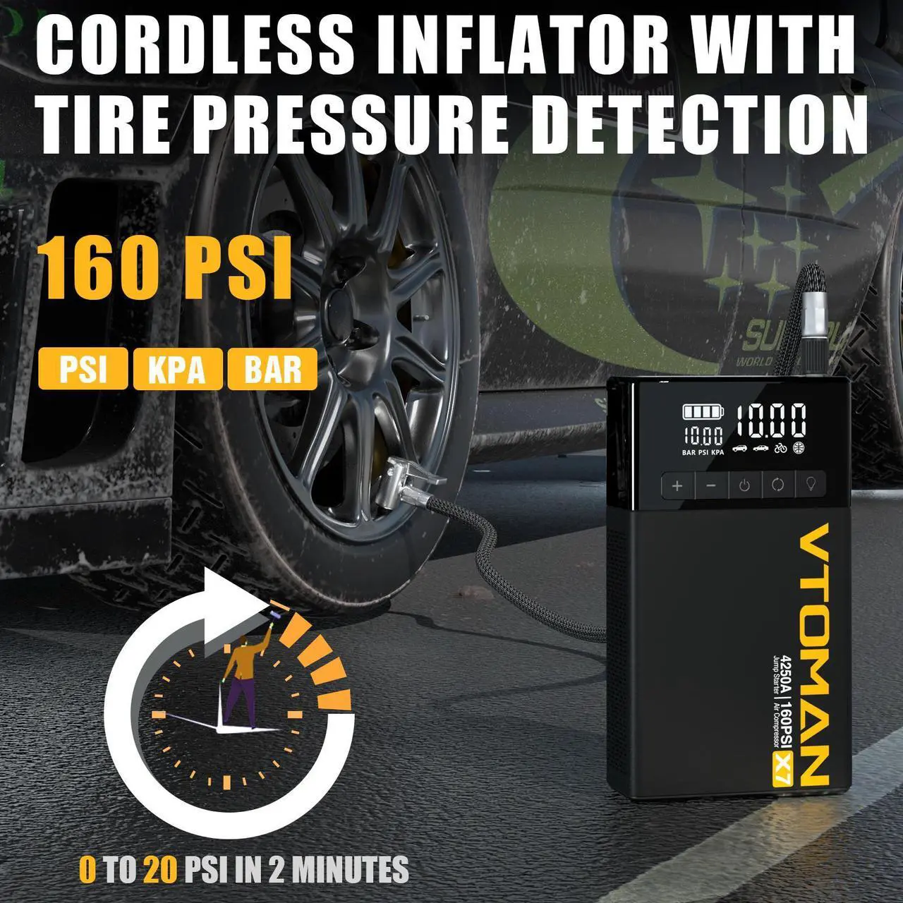 Alt view image 4 of 7 - VTOMAN X7 Jump Starter with Air Compressor, 4250A Portable Car Jumper with 160PSI Digital Tire Inflator,12V Lithium Battery Charger Booster Box with Type-C Quick Charge (Up 10L Gas/10L Diesel Engine)