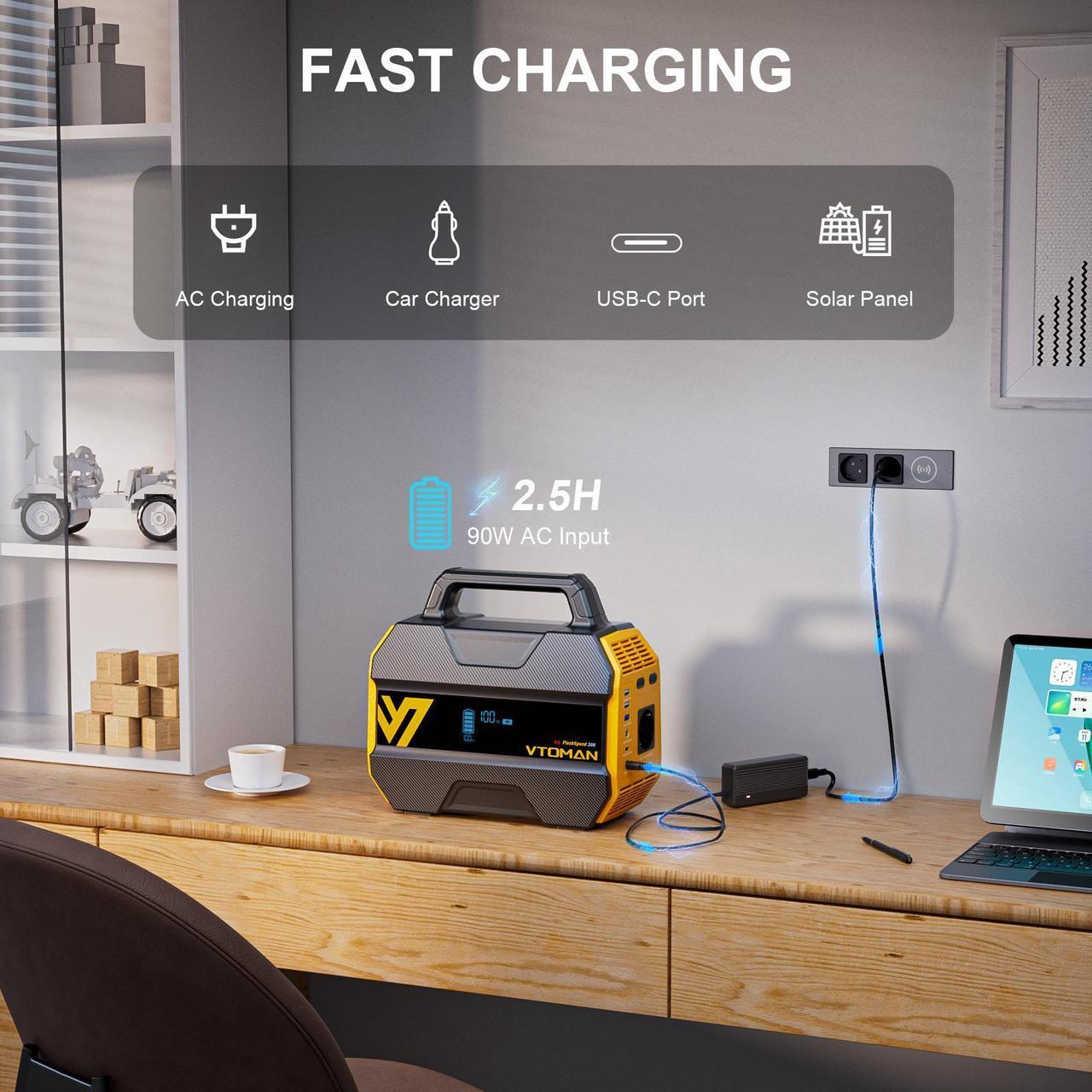 Alt view image 4 of 7 - VTOMAN FlashSpeed 300 Portable Power Station 70000mAh, Only 7.4lbs with 7 Outlets, LiFePO4 Generator with Up to 600W AC Outlet, 12V/24V DC Input Adapt RV/Van, PD 100W Type-C for Power Outage, Camping