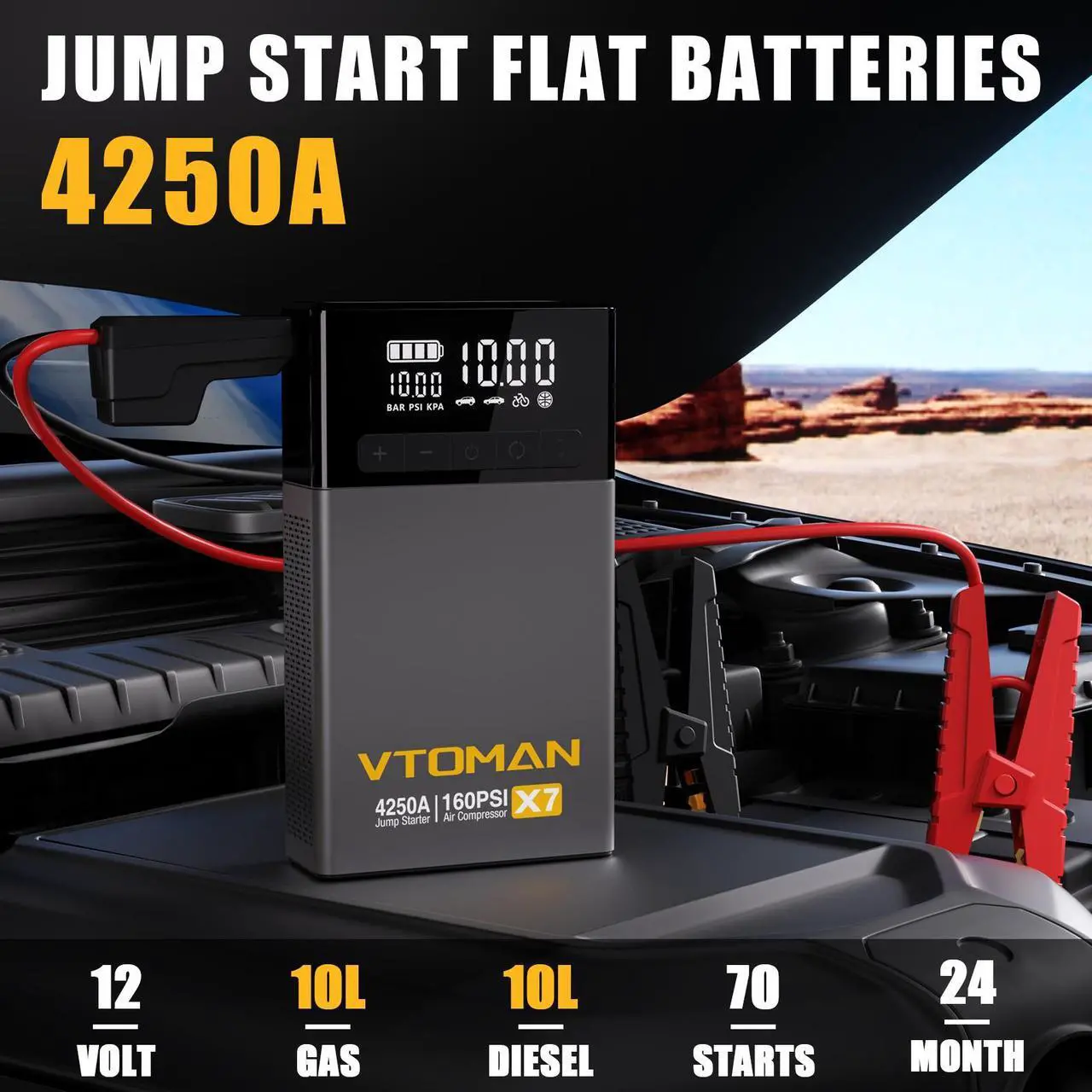 Alt view image 2 of 7 - VTOMAN X7 Jump Starter with Air Compressor, 4250A Portable Car Jumper with 160PSI Digital Tire Inflator,Up 10L Gas/10L Diesel Engine