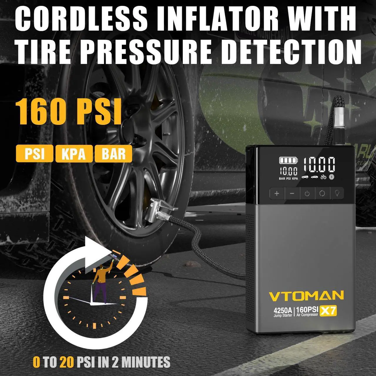 Alt view image 3 of 7 - VTOMAN X7 Jump Starter with Air Compressor, 4250A Portable Car Jumper with 160PSI Digital Tire Inflator,Up 10L Gas/10L Diesel Engine