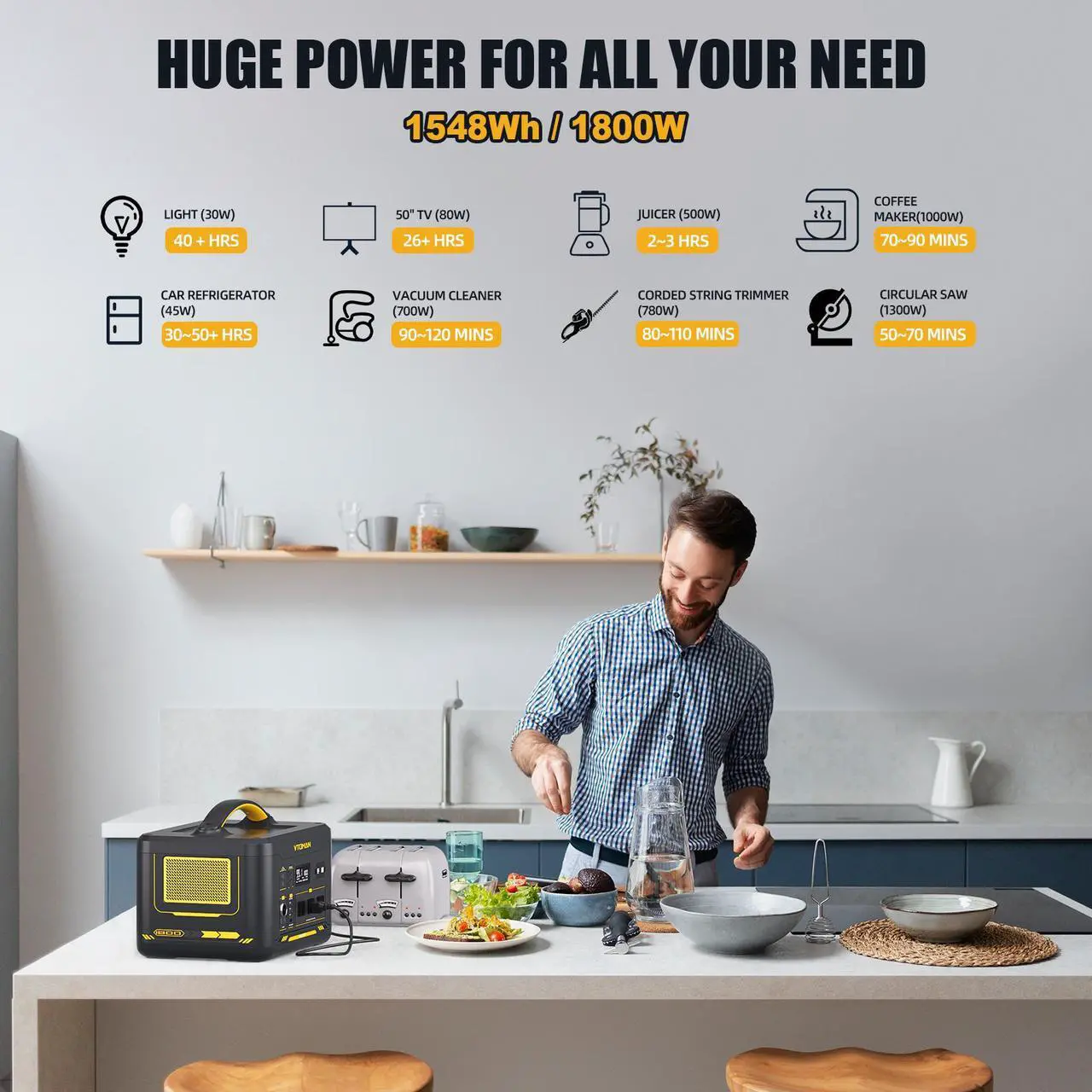 Alt view image 3 of 7 - Vtoman 3096Wh Solar Generator with Extra Battery Included, 1800W (Peak 3600W) LiFePO4 Battery Power Station for Power Outages, RV, Camping, Emergencies