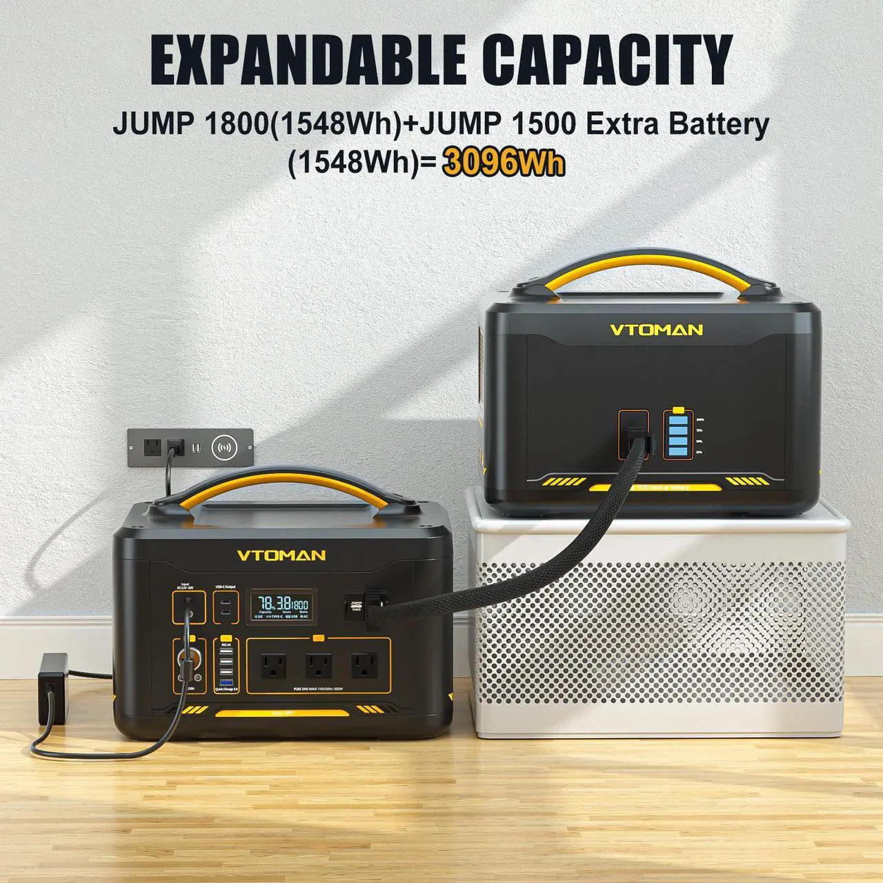 Alt view image 5 of 7 - Vtoman 3096Wh Solar Generator with Extra Battery Included, 1800W (Peak 3600W) LiFePO4 Battery Power Station for Power Outages, RV, Camping, Emergencies