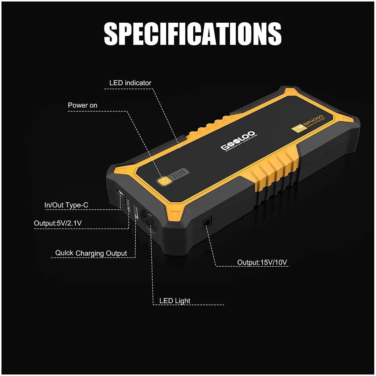 Alt view image 5 of 7 - GOOLOO GP4000 Jump Starter 4000A Peak Car Starter (All Gas,up to 10.0L Diesel Engine) SuperSafe 12V Lithium Jump Box,Auto Battery Booster Pack,Portable Power Bank with USB Quick Charge and Type C Port