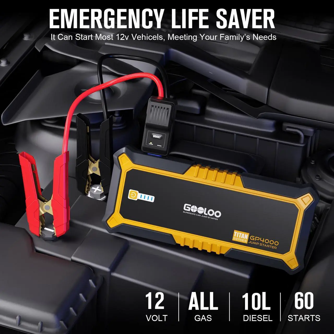 Alt view image 2 of 7 - GOOLOO GP4000 Jump Starter 4000A Peak Car Starter (All Gas,up to 10.0L Diesel Engine) SuperSafe 12V Lithium Jump Box,Auto Battery Booster Pack,Portable Power Bank with USB Quick Charge and Type C Port