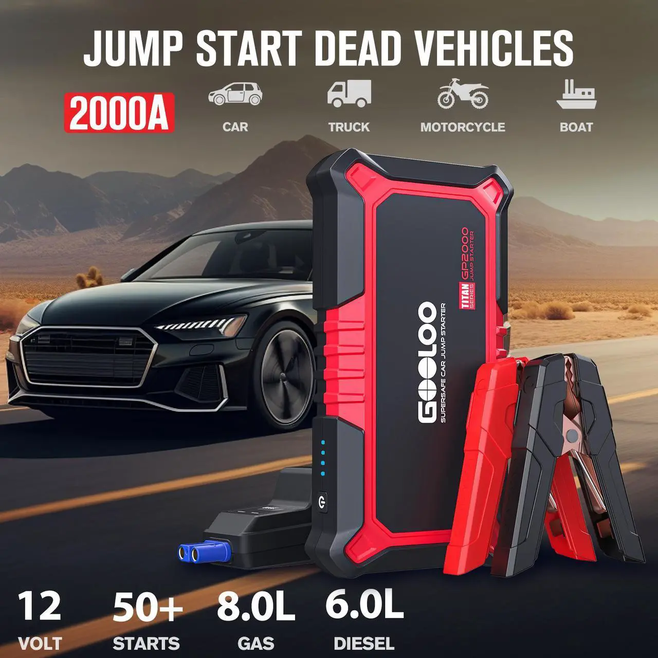 Alt view image 2 of 7 - GOOLOO New GP2000 Jump Starter, 12V 2000A Car Jumper Starter(Up to 8.0L Gas, 6.0L Diesel Engines), SuperSafe Portable Battery Charger, Auto Lithium Box Booster Pack with USB Quick Charge, red