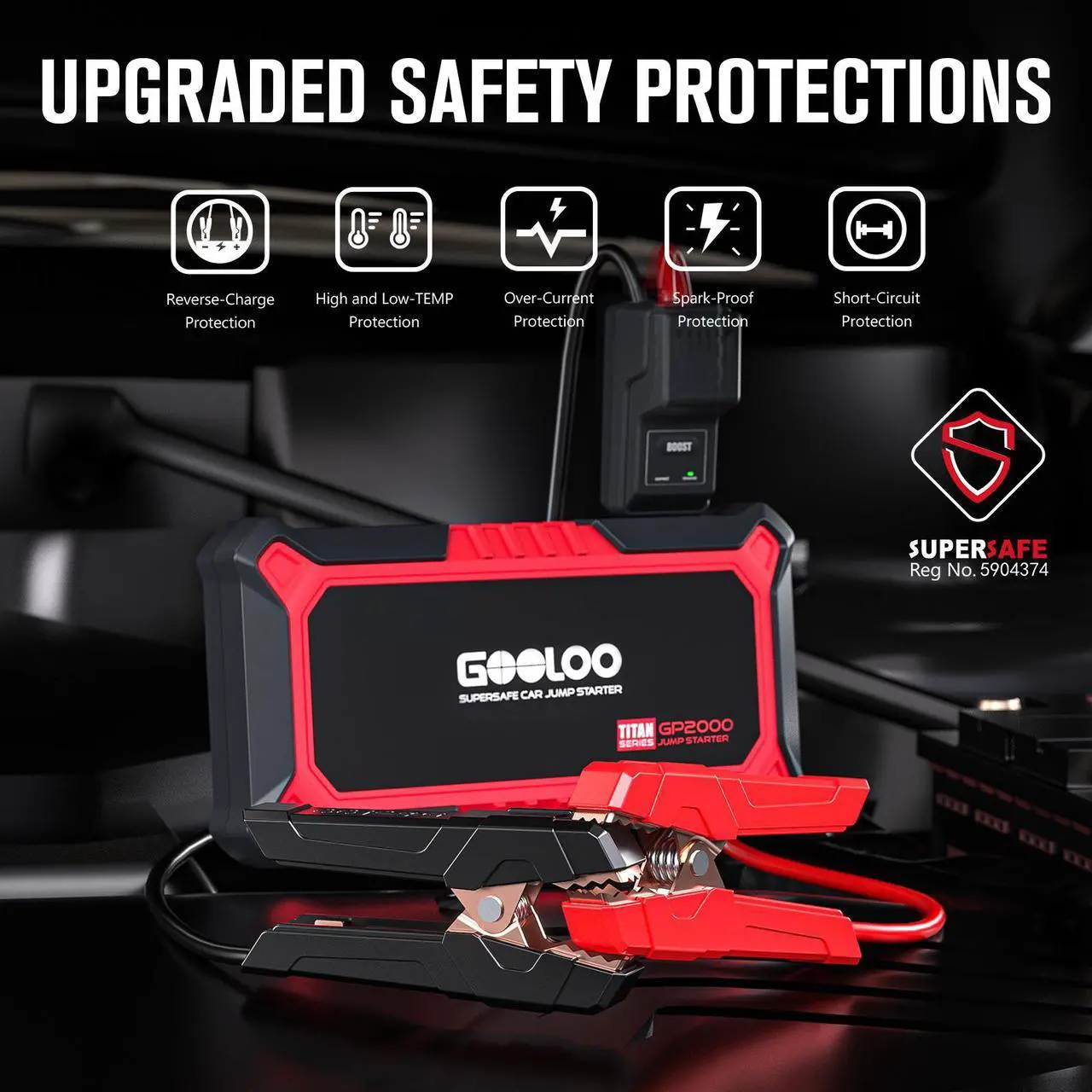 Alt view image 4 of 7 - GOOLOO New GP2000 Jump Starter, 12V 2000A Car Jumper Starter(Up to 8.0L Gas, 6.0L Diesel Engines), SuperSafe Portable Battery Charger, Auto Lithium Box Booster Pack with USB Quick Charge, red