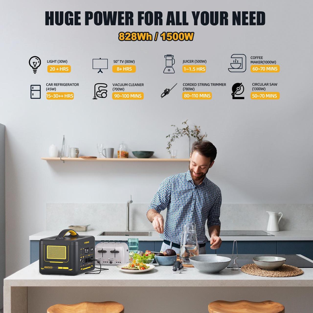 Alt view image 3 of 7 - VTOMAN Jump 1500X Portable Power Station, 828Wh LiFePO4 (LFP) Battery, 1500W (3000W Peak) Solar Generator with Expandable Capacity, 3x Pure Sine Wave 1500W AC Outlets, 2xPD 100W, 3x Regulated 12V DC