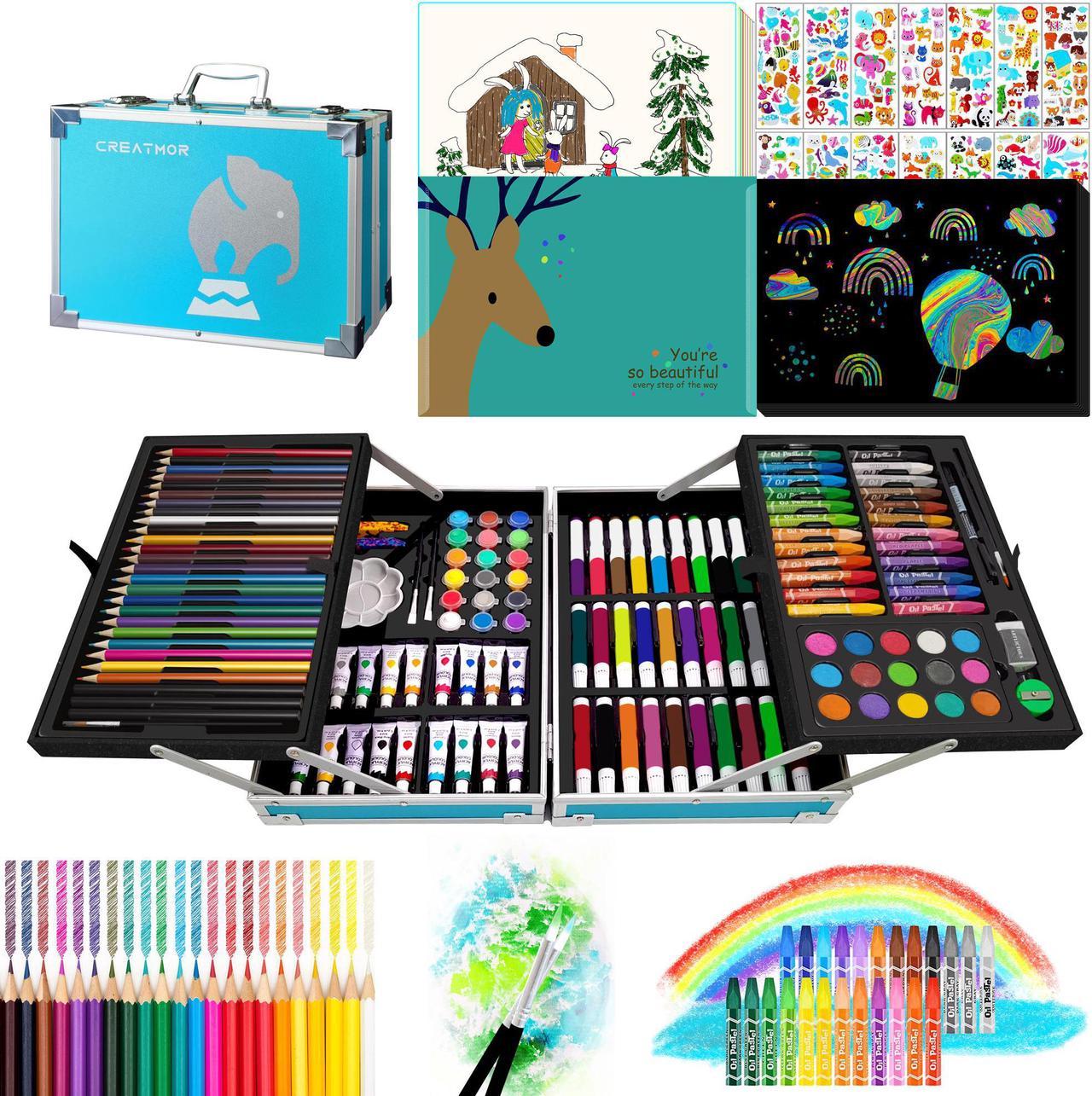 Art Set 176 PCS Art Supplies for Kids Great Gift Art kit for Kids Girls, Boys, Teens, Beginners Art Set Case with Exclusive Cartoon Stickers,Rainbow Scratch Paper, Coloring Cards