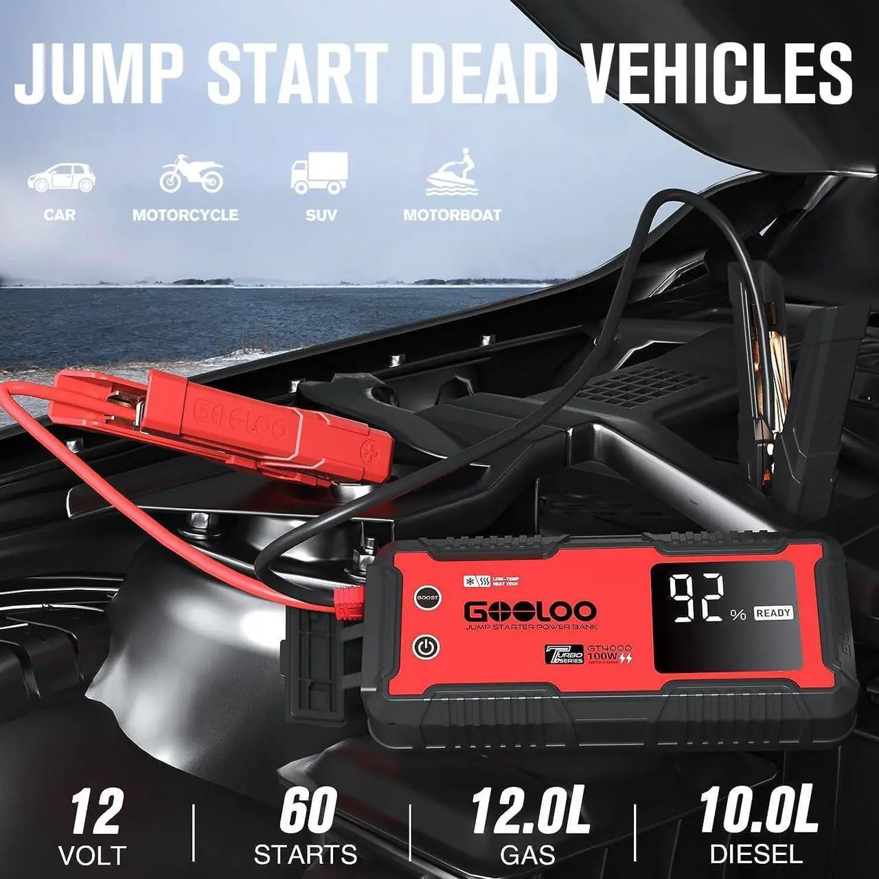 Alt view image 2 of 7 - GOOLOO GT4000 Car Jump Starter 4000A 100W Fast-Charging 12V SuperSafe Portable Battery Booster Pack with -40 Pre-Heating Tech, Auto Jump Box Jumper Cables for 10L Diesel and 12L Gas Engine
