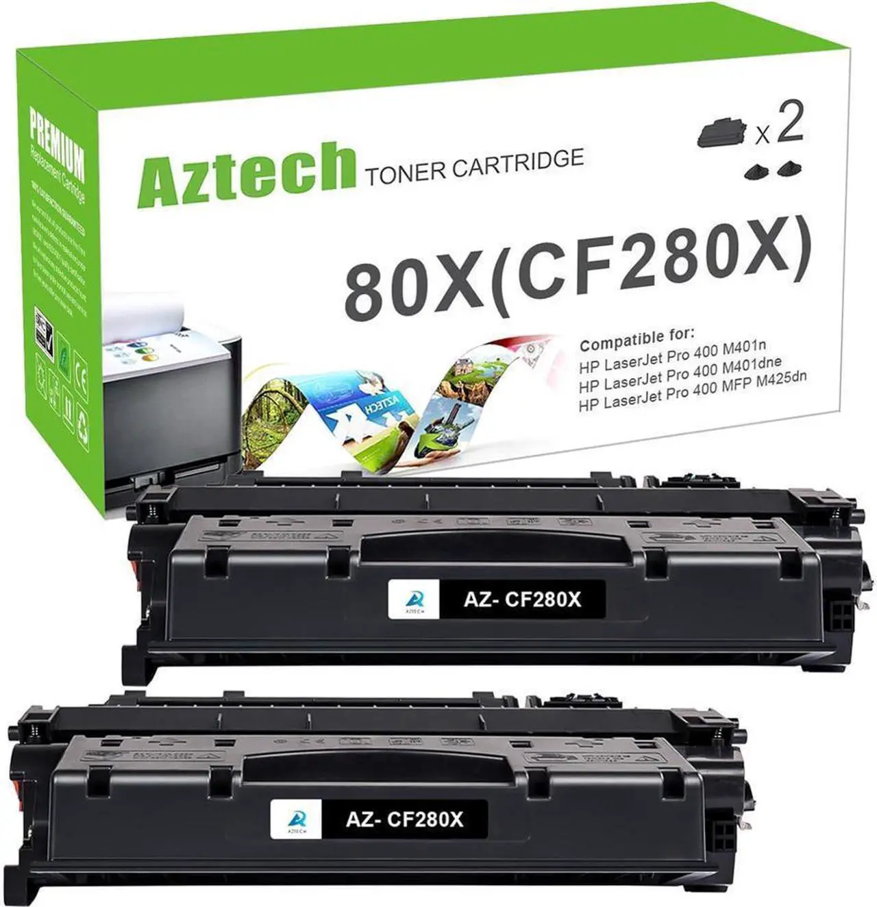 Main image of Aztech Compatible CF280X Toner Cartridge Replacement for 80X CF280X 80A CF280A Pro 400 M401A M401D M401N M401DNE MFP M425DN (Black, 2-Packs)
