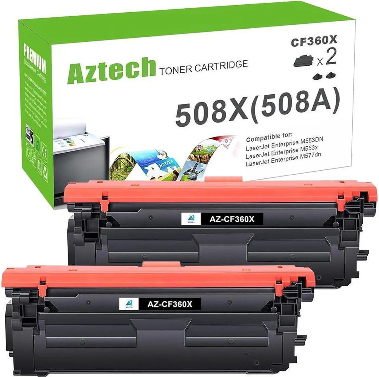 Main image of Aztech Compatible Toner Cartridge Replacement for 508X CF360X 508A CF360A M553 Black Toner for Color Enterprise M553n M553dn M553x MFP M577 M577z M577dn Printer Ink (Black, 2-Pack)