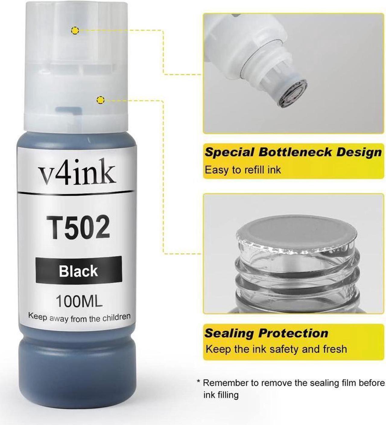 Alt view image 2 of 5 - v4ink Compatible T502 Refill Ink Bottle Replacement for 502 T502 to use with Expression Ecotank ET-2700 ET-2760 ET-3710 ET-4750 ET-7700 ET-15000 ST-2000 ET-M1180 ET-M2120 L3060 L3156-4 Packs