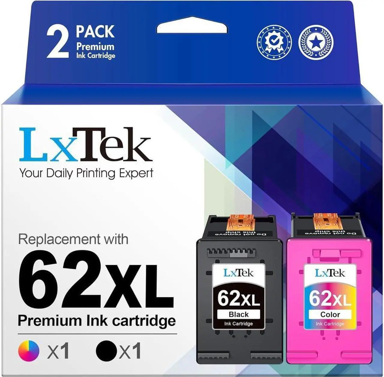 Main image of LxTek Ink Cartridge Replacement for 62XL 62 XL to Compatible with Envy 5540 5660 7645 5642 5542 5643 5640 7644 OfficeJet 250 5740 200 5745 Printer (1 Black,1 Tri-Color, 2 Pack)