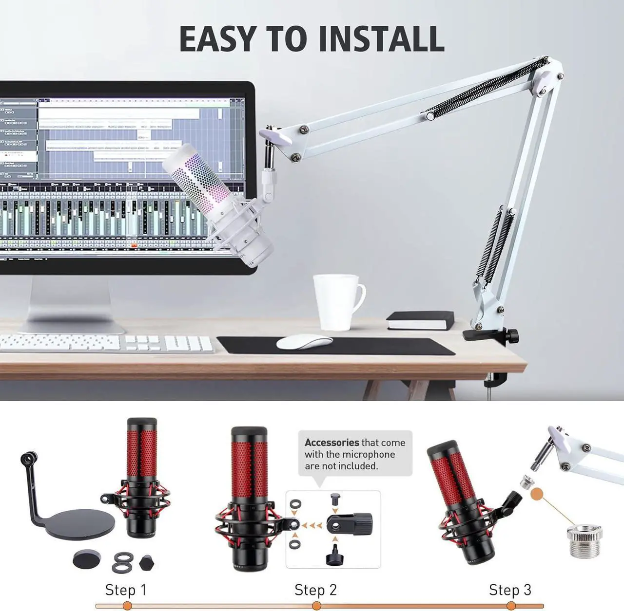 Alt view image 2 of 7 - SUNMON White Hyperx QuadCast S Boom Arm - Microphone Boom Arm Compatible with Hyper x QuadCast S, Mic Arm Stand with Microphone Cover, Improve Sound Quality,Mic Boom Arm for Hyperx QuadCast