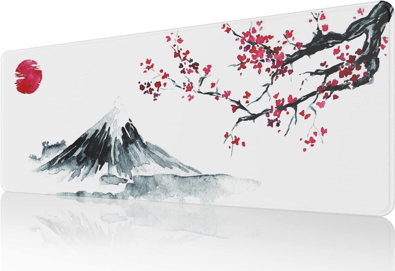 Japanese Cherry Blossom White Mouse Pad (31.5 × 11.8 × 0.12 inch) Extended Large Mouse Mat Desk Pad, Stitched Edges Mousepad,Non-Slip Rubber Base,Gaming Mouse Pad XL,Office & Home.