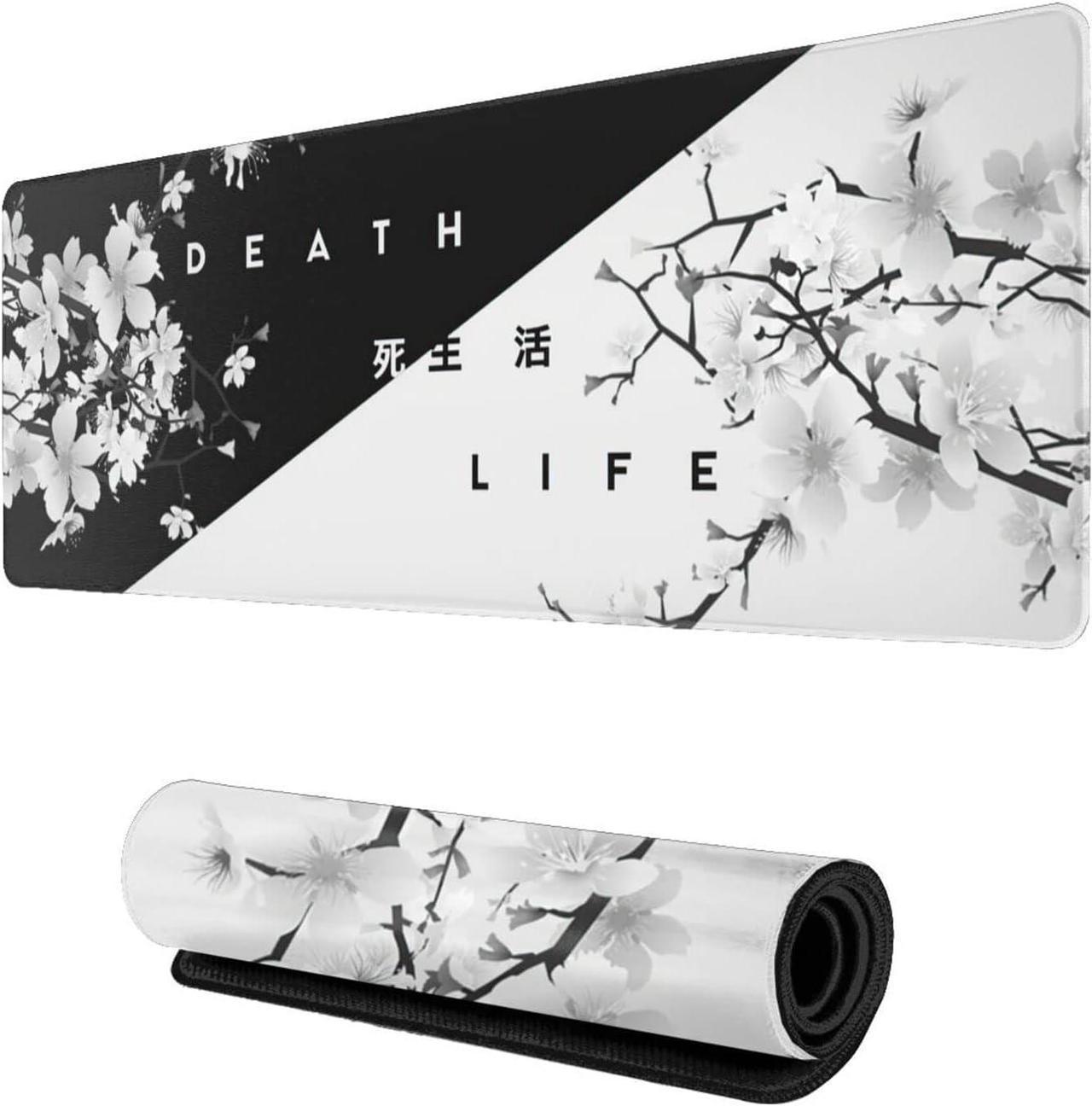 Black and White Cherry Blossom Gaming Mouse Pad XL, Extended Stitched Edges,Large Mouse Mat Desk Pad, Long Non Slip Rubber Base Mice Pad(31.5 X 11.8 Inch)