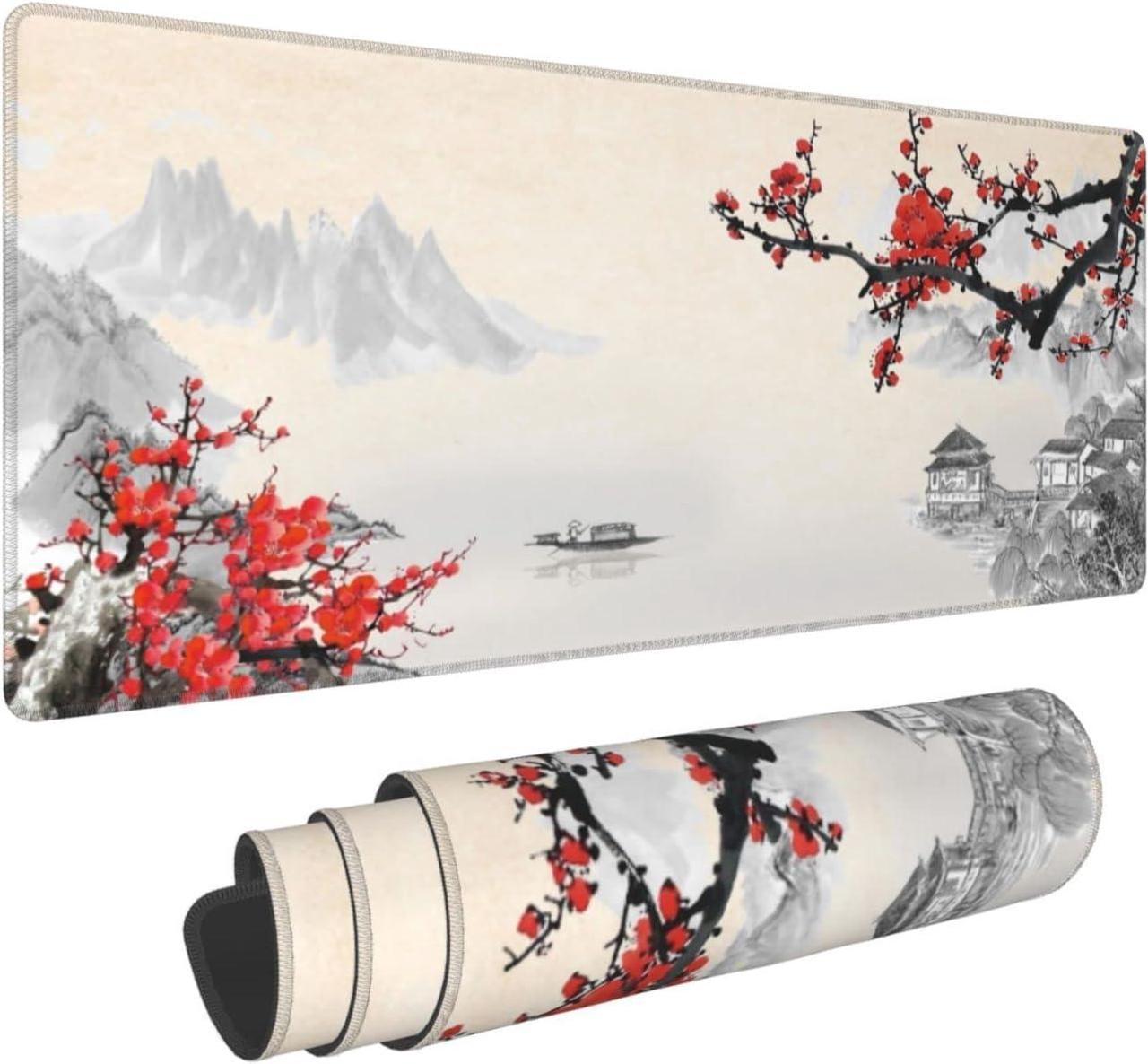 Japanese Cherry Blossom Gaming Mouse Pad, Extended Large Mouse Mat Desk Pad, Stitched Edges Mousepad, 3mm Thick Long Non-Slip Rubber Base Mice Pad, 31.5 X 11.8 Inch