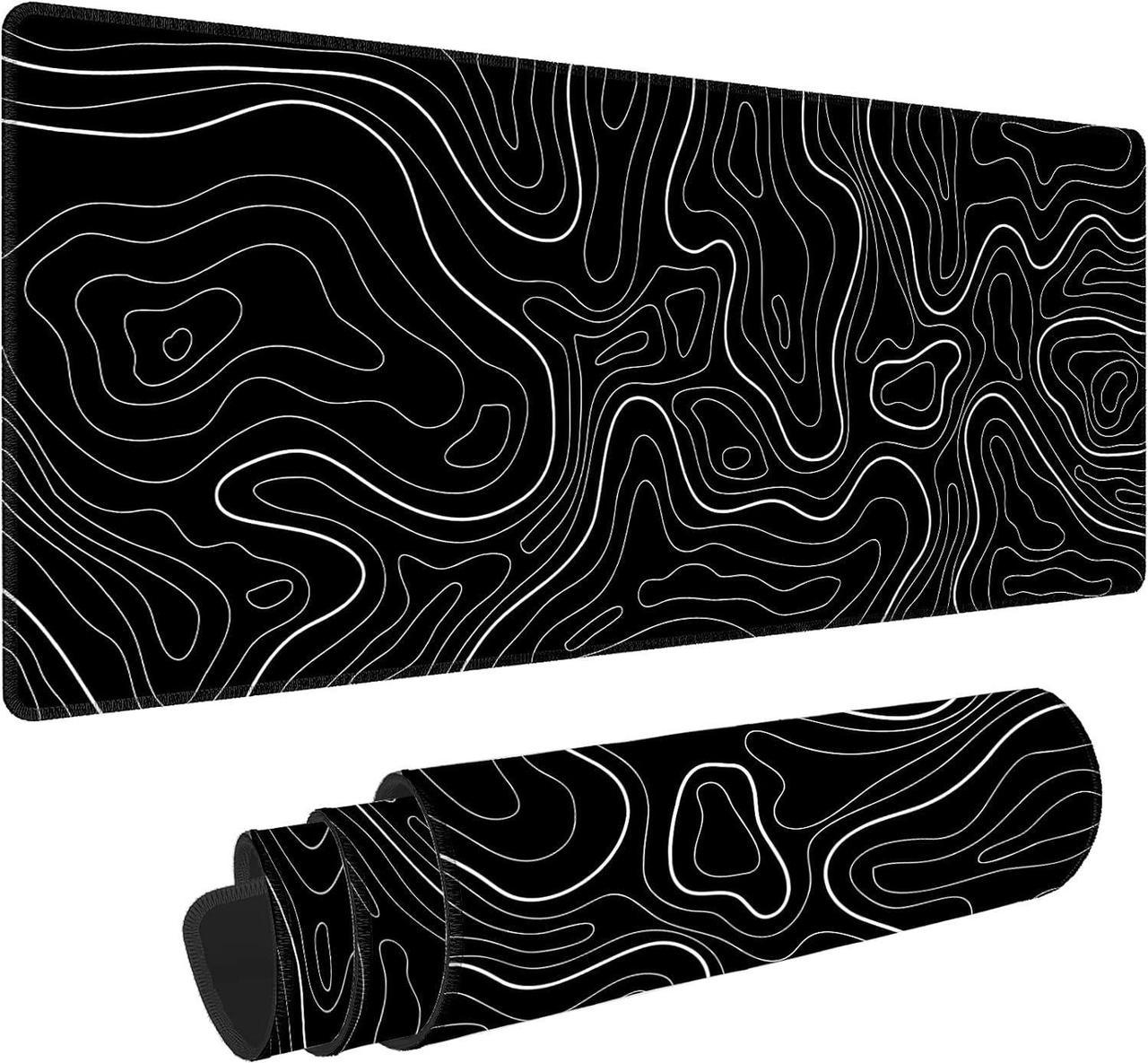 Large Mouse Pad Gaming with Stitched Edges,Topographic Map Gaming Mousepad, Extended XL Desk Mat with Anti-Slip Base, Cool Minimalist Desk Pad for Keyboard and Mouse, 31.5 x 11.8 in, Black