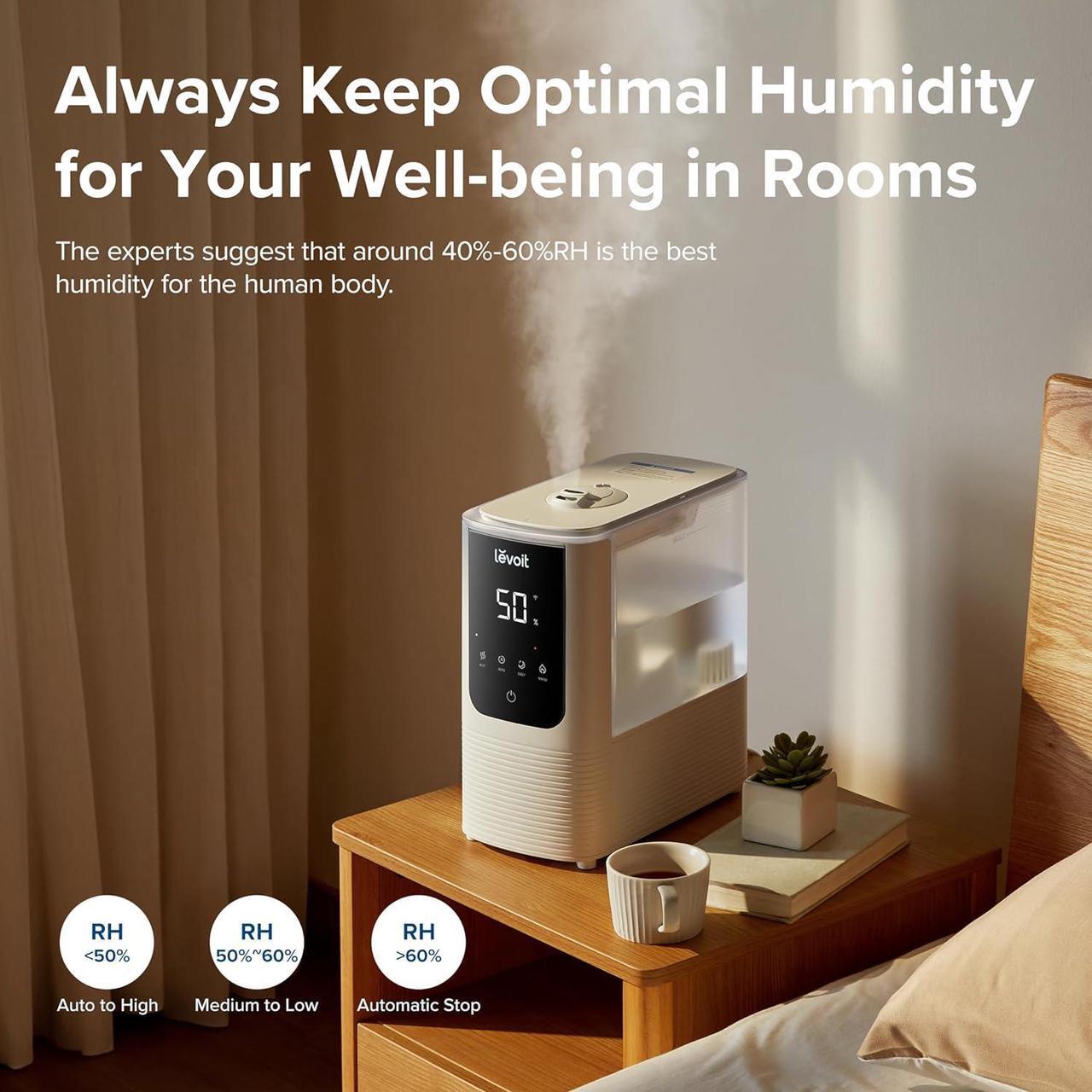 Alt view image 2 of 7 - LEVOIT Humidifiers for Bedroom Home, Smart Warm and Cool Mist Air Humidifier for Large Room, Auto Customized Humidity, Fast Symptom Relief, Easy Top Fill, Essential Oil, Quiet, OasisMist4.5L, White