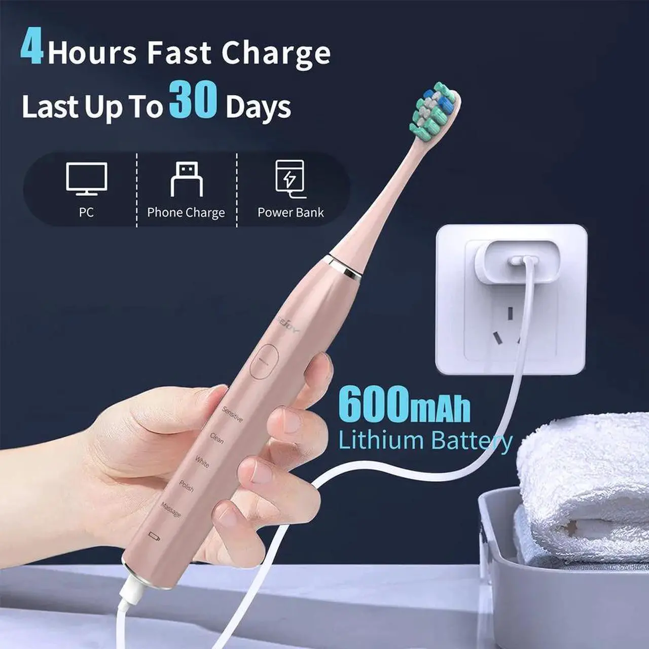 Alt view image 2 of 7 - Sonic Electric Toothbrush USB Rechargeable Power Toothbrush with 12 Brush Heads
