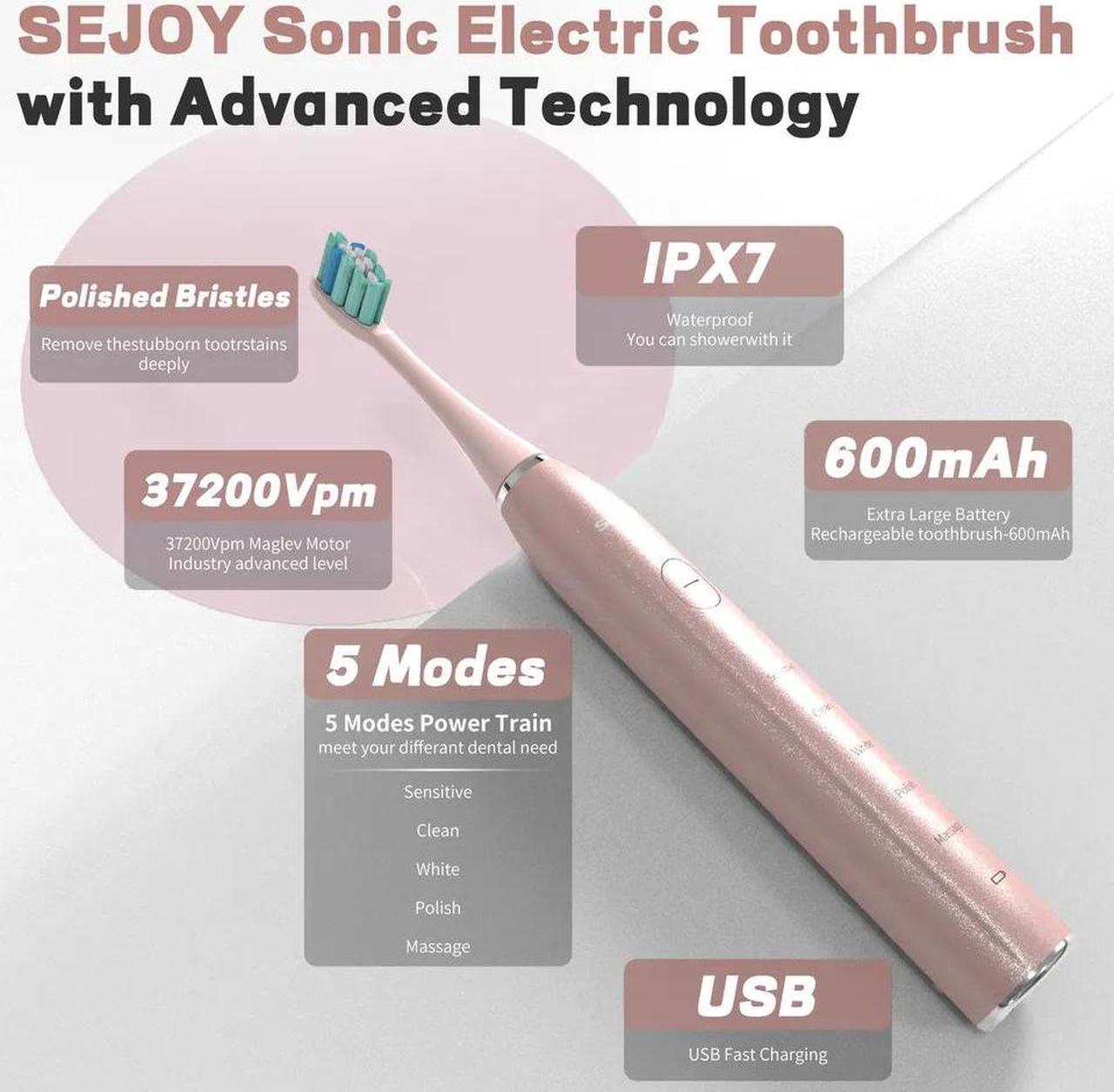 Alt view image 2 of 7 - SEJOY Sonic Electric Toothbrush Rechargeable Power 12 Brush Heads 5 Modes Timer